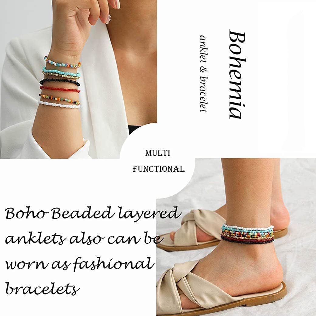 TERRIFI Multilayered Women Anklets, Beaded Elastic Foot Hand Chain Jewelry, Boho Colorful Ankle Bracelet Set (7Pcs)
