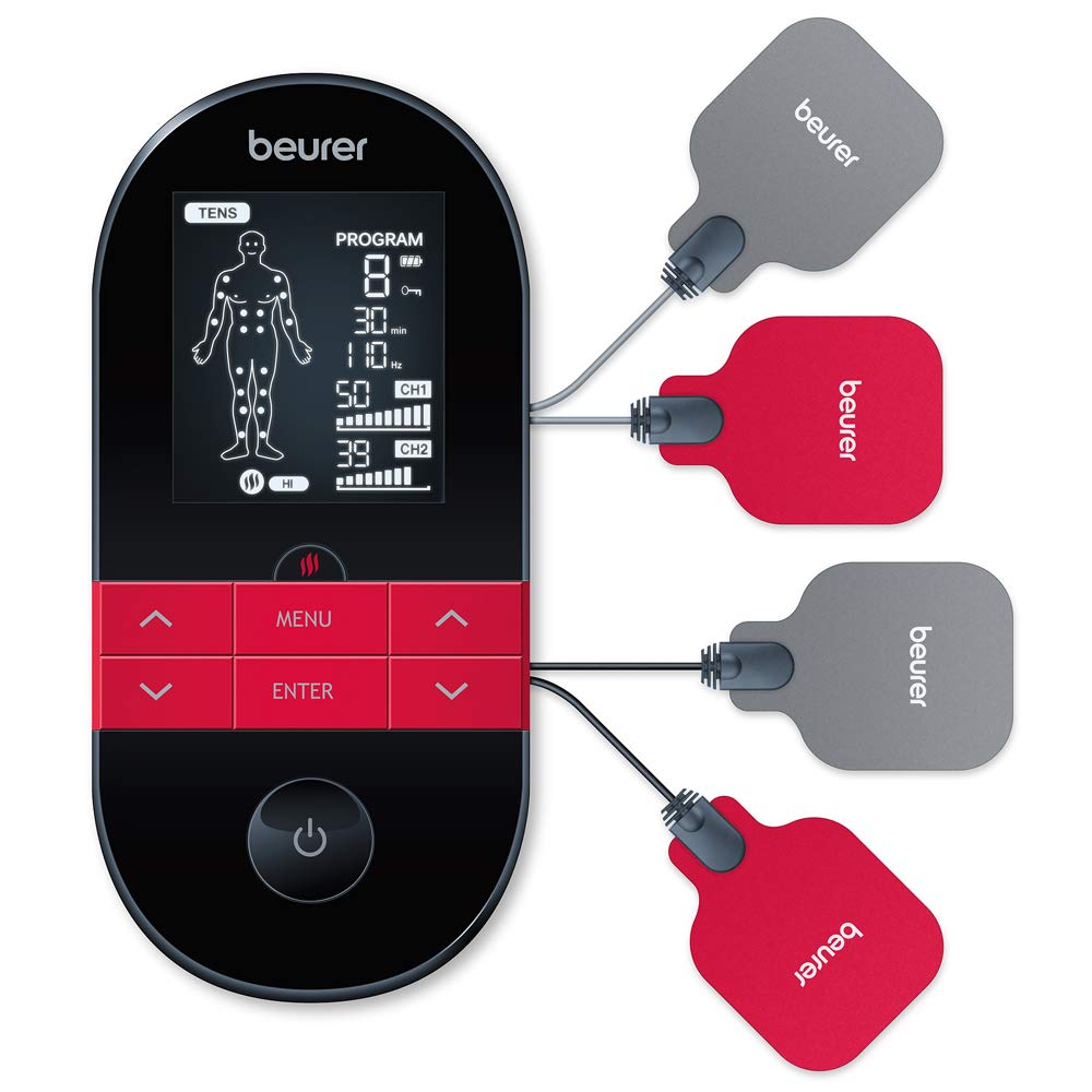 Beurer EM59 Digital 3-in-1 TENS, EMS & Heat Therapy Device for Pain Relief and Massage, Muscle Stimulator with 2 Adjustable Channels, 64 Applications, Timer Function - Medaid International