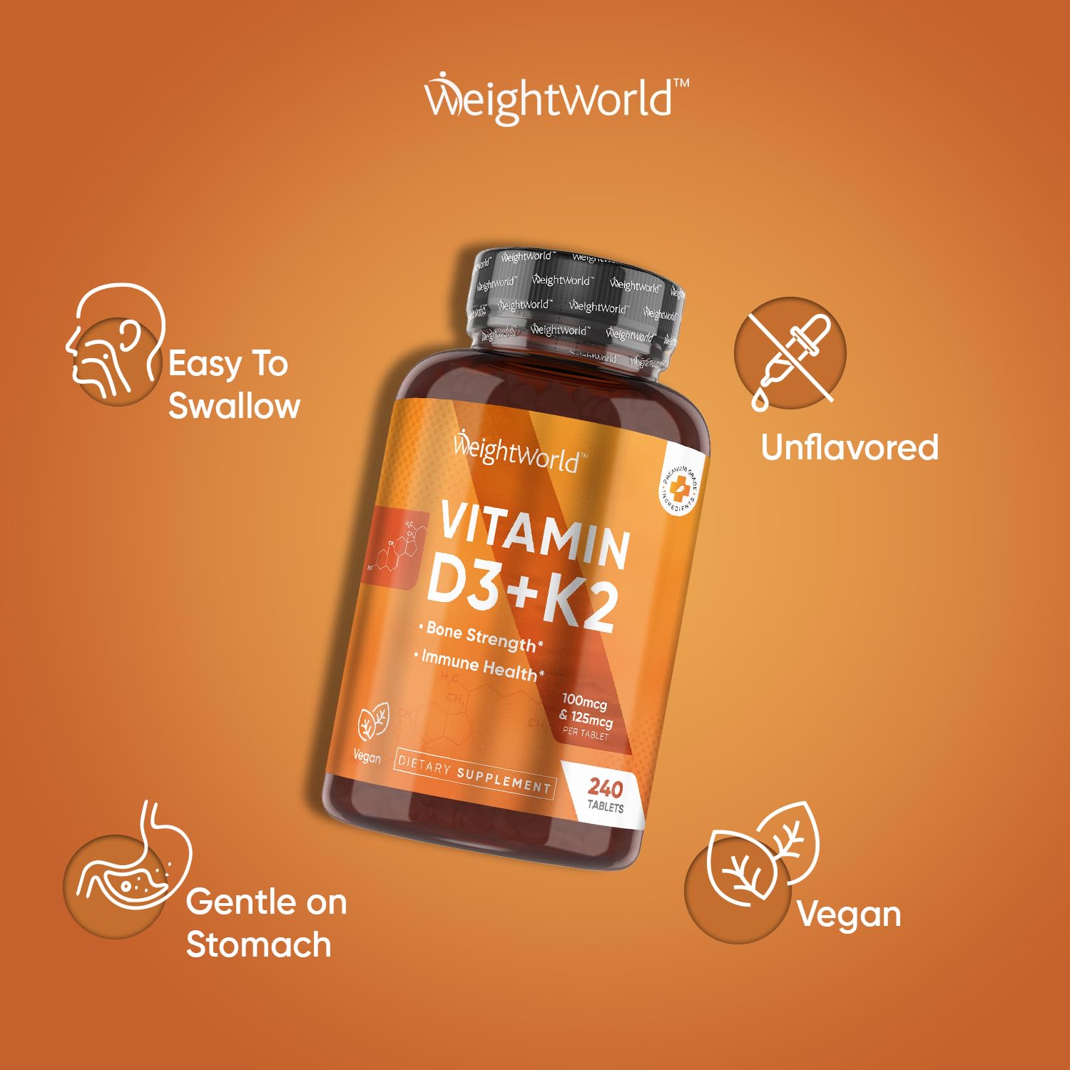WeightWorld Vitamin D3 K2-240 Vegan Tablets (8 Months Supply) - Vitamin D3 4000 IU (100mcg) & Vitamin K2 (MK7) (125mcg) - Vitamin D Supplement for Women & Men - Gluten-Free - Medaid International