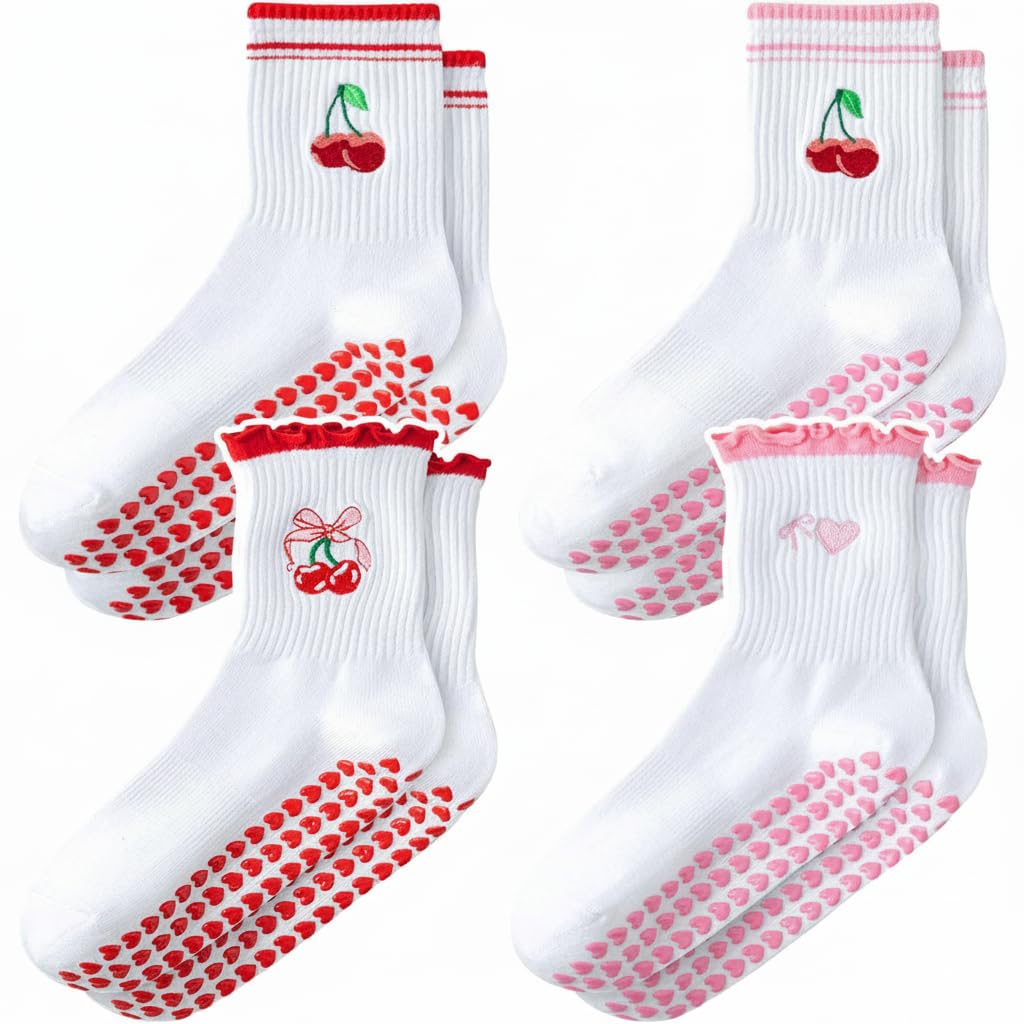Non-Slip Reformer Pilates Socks, Grippy Socks with Breathable Fabric and Cute Embroidery, Ideal for Yoga, Pilates, Barre, Home Use, 4 Pairs