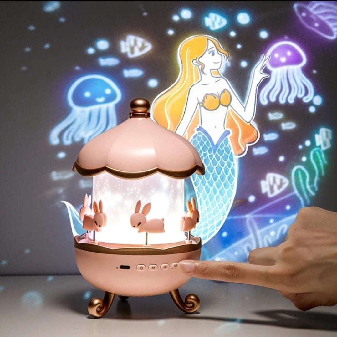 Rotating Cabin Star Projector Night Light with Remote Control 360° 7 Light Colors, 12 Projection Themes & 8 Sounds