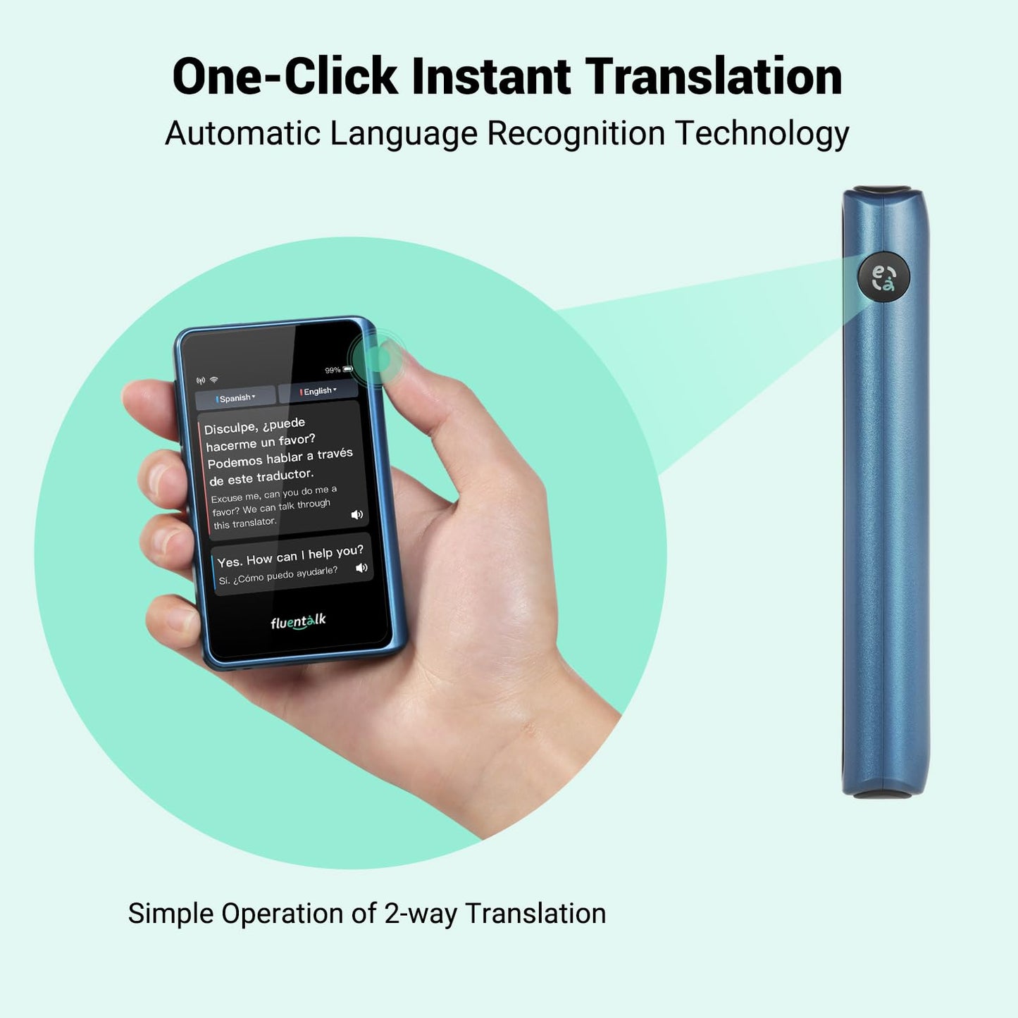 Timekettle, Fluentalk T1 Mini Translator Device No WiFi Needed, Built in 1-Year Global Mobile Data, Supports 40 Languages and Photo Translation, Instant Language Translator for Travelling Blue - Medaid International