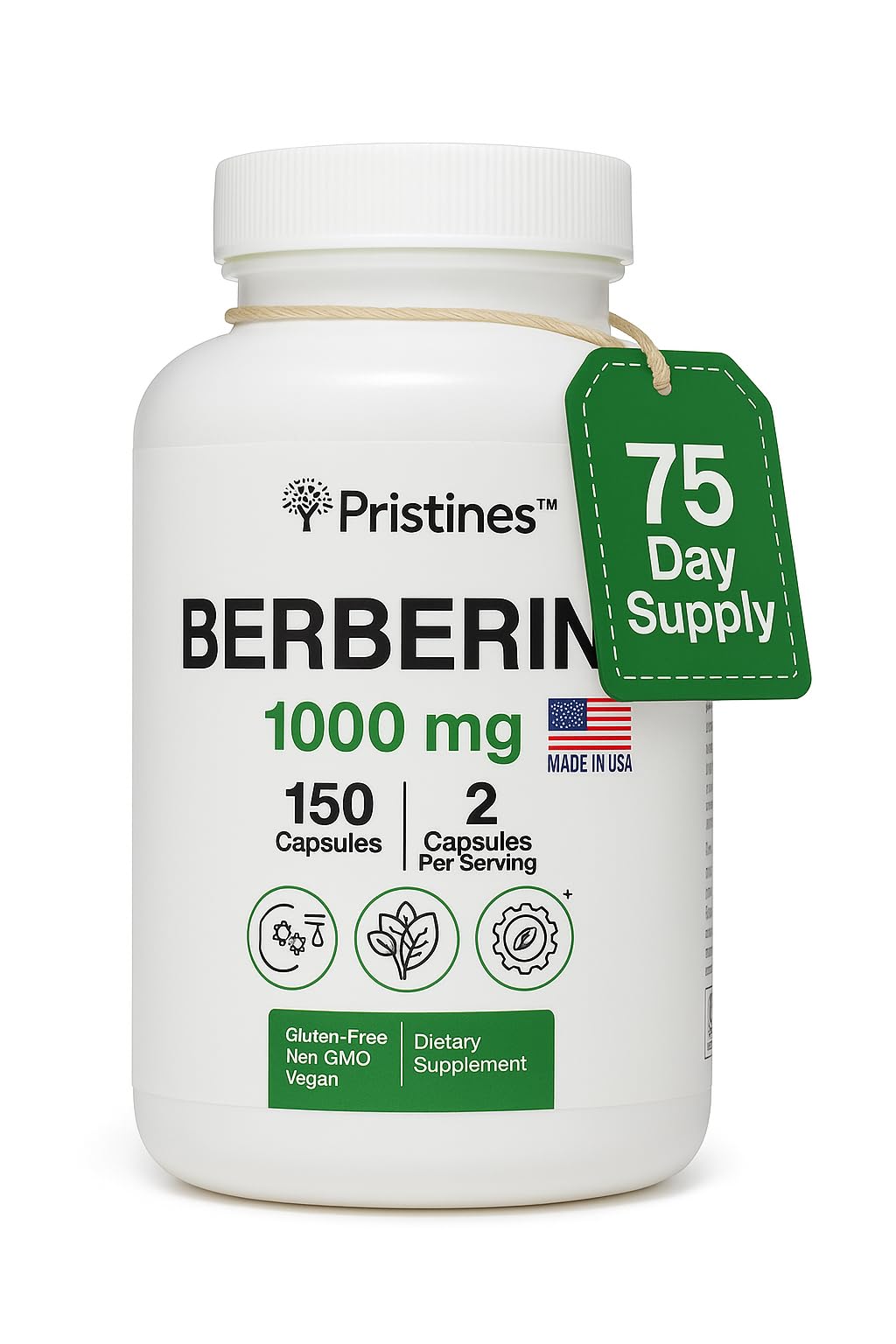 PRISTINE'S Berberine Supplement Capsules - 1000 MG 75 Day Supply 150 Capsules - Heart, & Immunity Health Support Antioxidant - Digestive Tract & Healthy Gut Flora Support - Medaid International