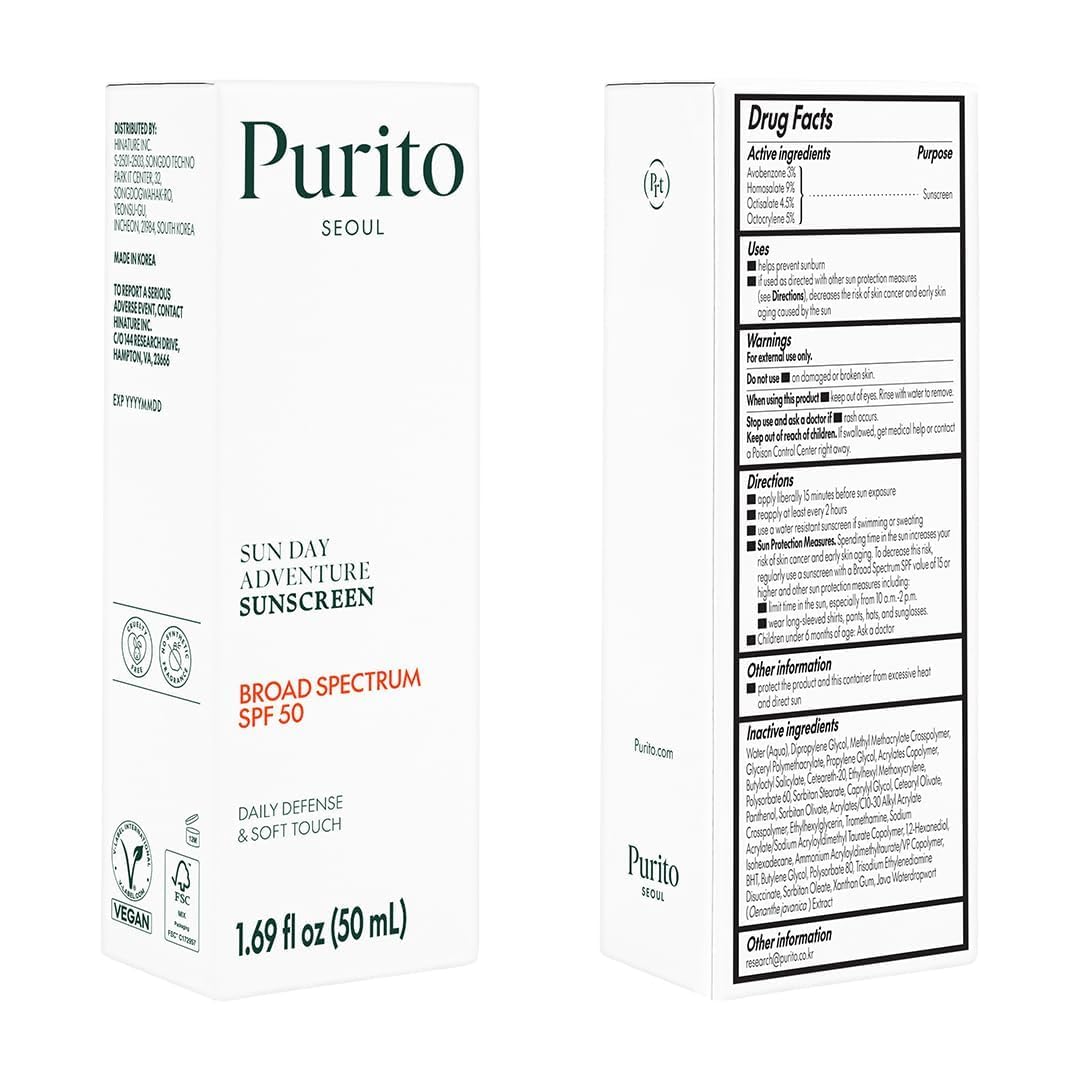 PURITO Sun Day Adventure Korean Sunscreen Smoothest and Lightest Texture Broad Spectrum SPF 50 UVA & UVB Protection No White Cast Oil Free For All Skin Types Vegan Daily Skin Care 50ml, 1.69 fl.oz - Medaid International