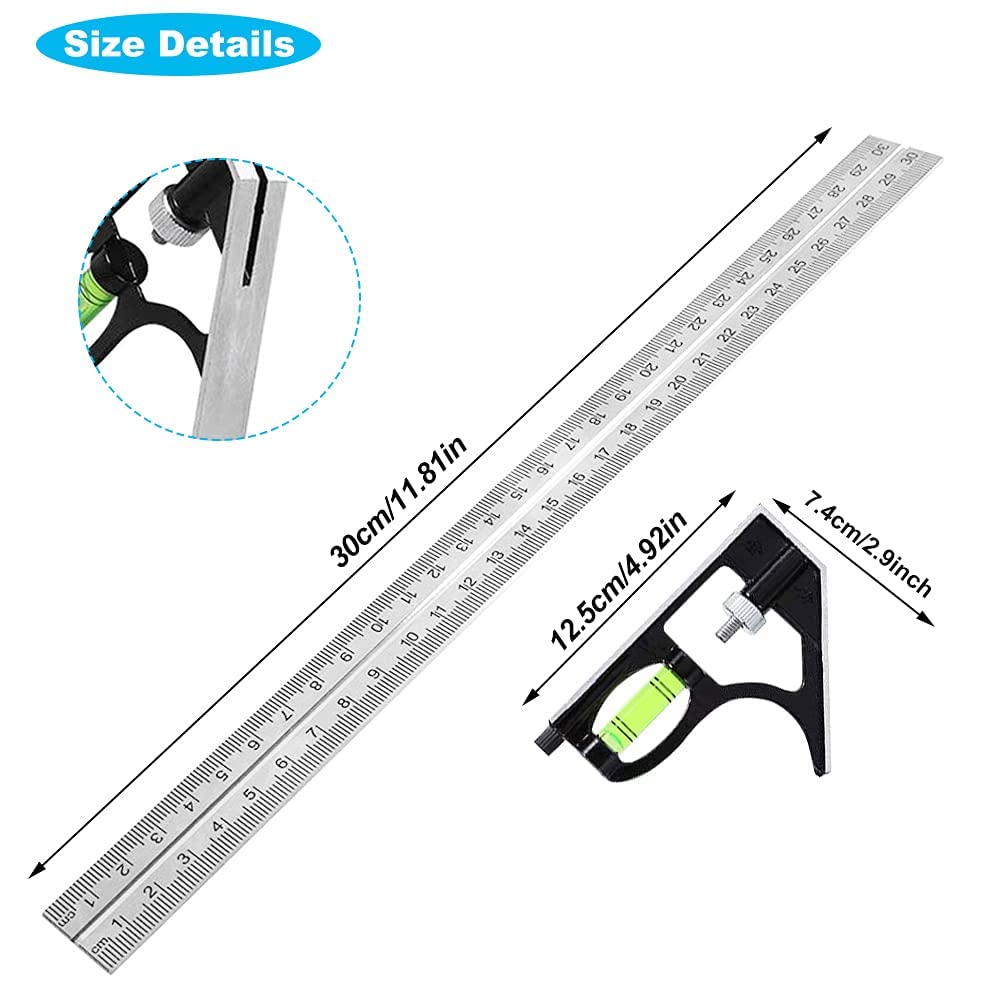 TERRIFI Combination Square 12Inch/300mm, Engineers Set Square, Stainless Steel Angle Ruler, Adjustable Carpentry Square 45/90 Degree with Bubble Level, Measuring Tool for Engineer Carpenter