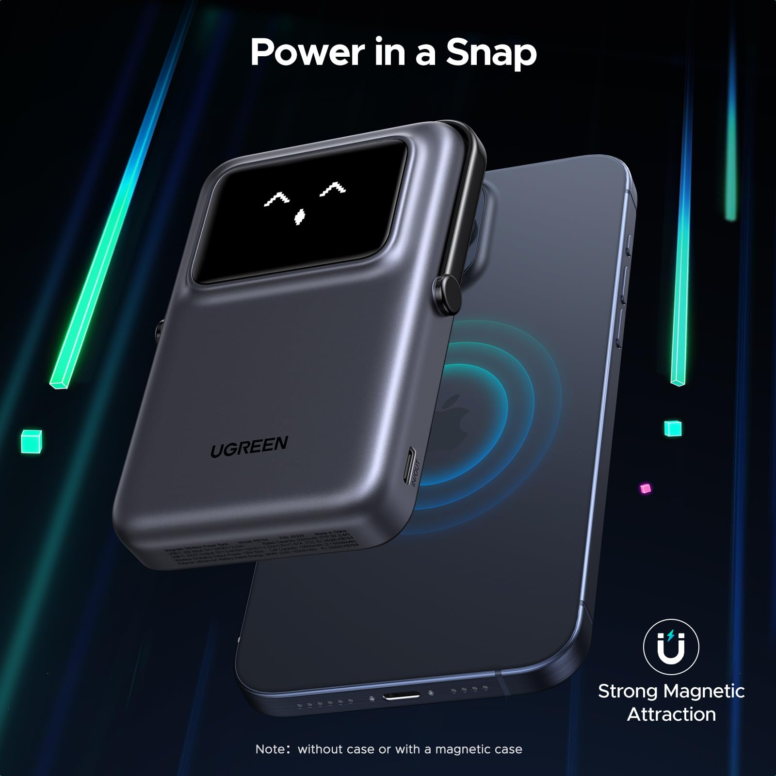 UGREEN Uno 10000mAh Magnetic Portable Charger, Qi 7.5W Wireless Power Bank, PD 20W USB C Battery Pack with Foldable Stand and TFT Display MagSafe Compatible iPhone 17/16 /15/14/13/12 Series, Black - Medaid International