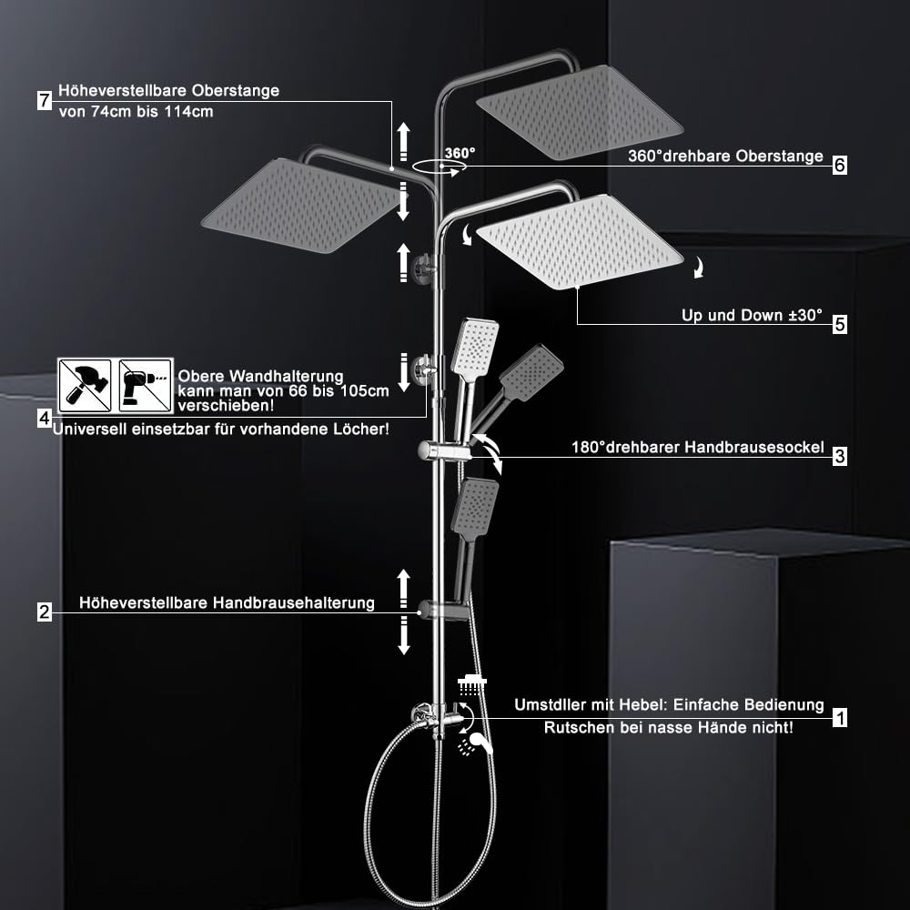 Görbach Stainless Steel Shower System, Shower Set without Luminaire, Rain Shower, Overhead Shower Set Chrome Square (SJ-E3030CP)