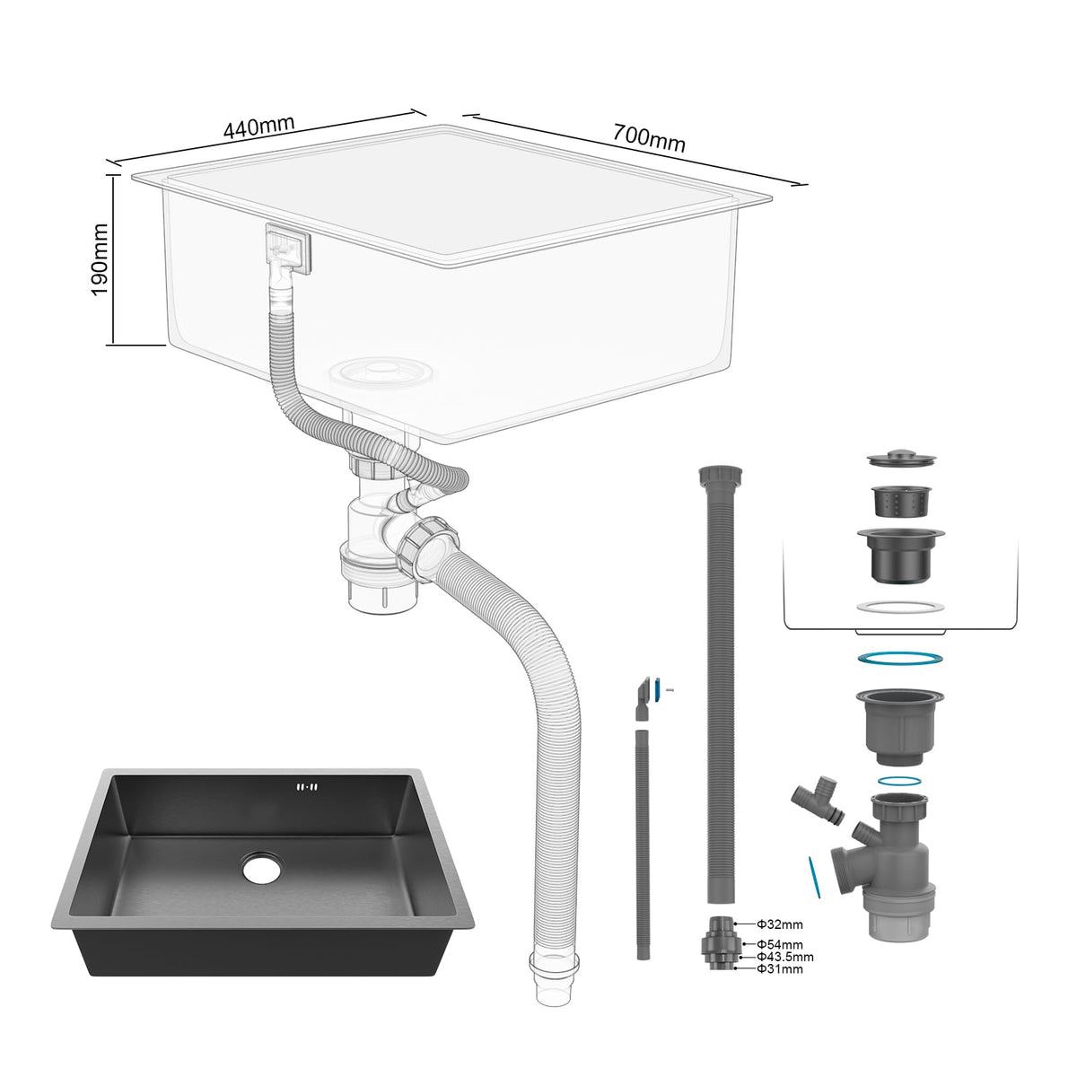 Ibergrif M87044B Kitchen Sink 70 x 44 cm, Under Countertop Sink with Drain Filter, Stainless Steel