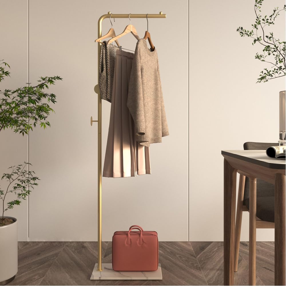 Metal Coat Rack Freestanding with Natural Marble Base 63” 160cm Entryway Coats Hanger Stand with 3 Hooks, Home Bedroom Hotel Hall Tree for Coats, Hats, Scarves, Clothes, and Handbags (Luxury Gold) - Medaid International