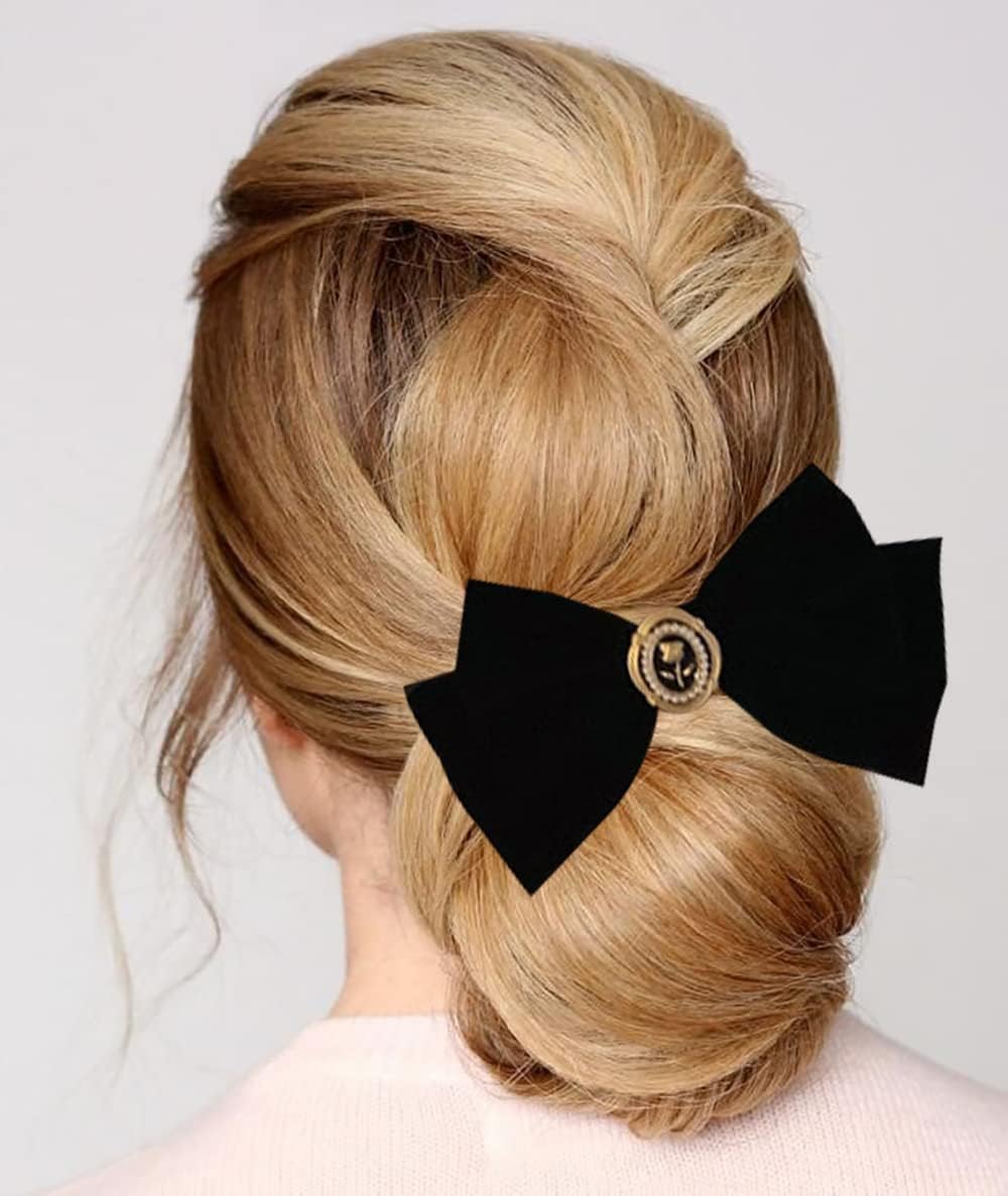 TERRIFI Velvet Hair Bows, Black Ribbon Clips, Ponytail Barrettes Accessories, for Women Girls Party Holiday Birthday Decoration Back to School Gifts 2 pcs