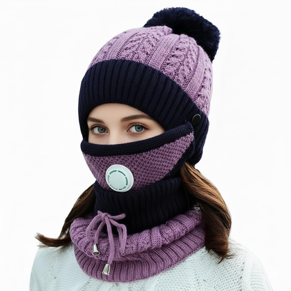 KASTWAVE 3PCS Winter Warm Hat Scarf Gloves Set, Beanie Warm Cotton Scarves, Winter Beanie Hat Scarf Gloves Set For Women Men