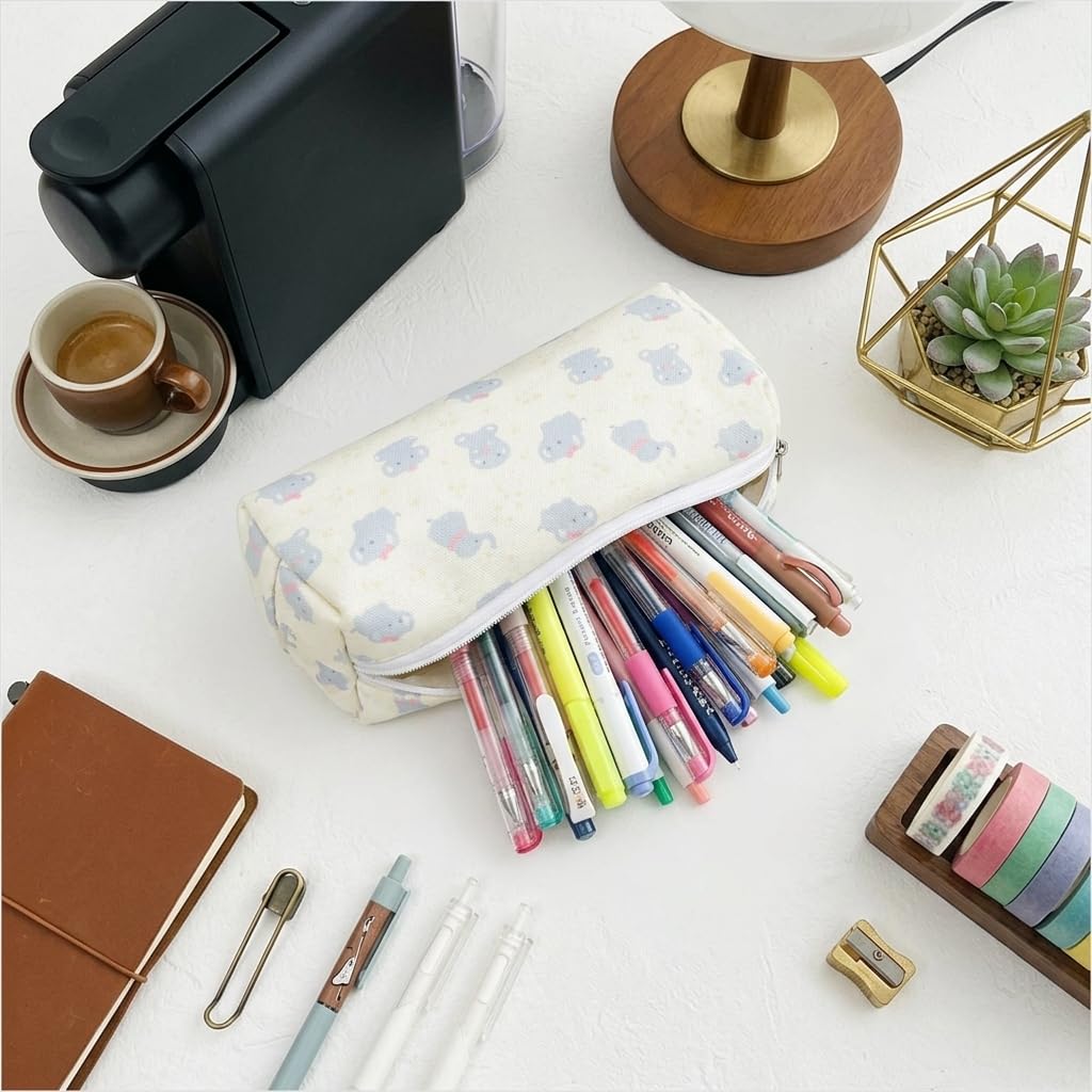 Star Wish Elephant Pencil Case, Large Capacity Canvas Pen Pouch for Students, Cute Kawaii Stationery Organizer Bag with Adorable Elephant Design, Portable Storage Makeup Bag for Girls School Office