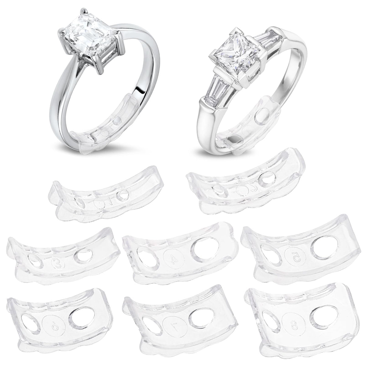 TERRIFI Invisible Ring Size Adjuster for Loose Rings, 8 Pcs Plastic Ring Sizers, Flexible Ring Guards with Hole, Anti-Slip Ring Adjusters for Women and Men, 8 Sizes