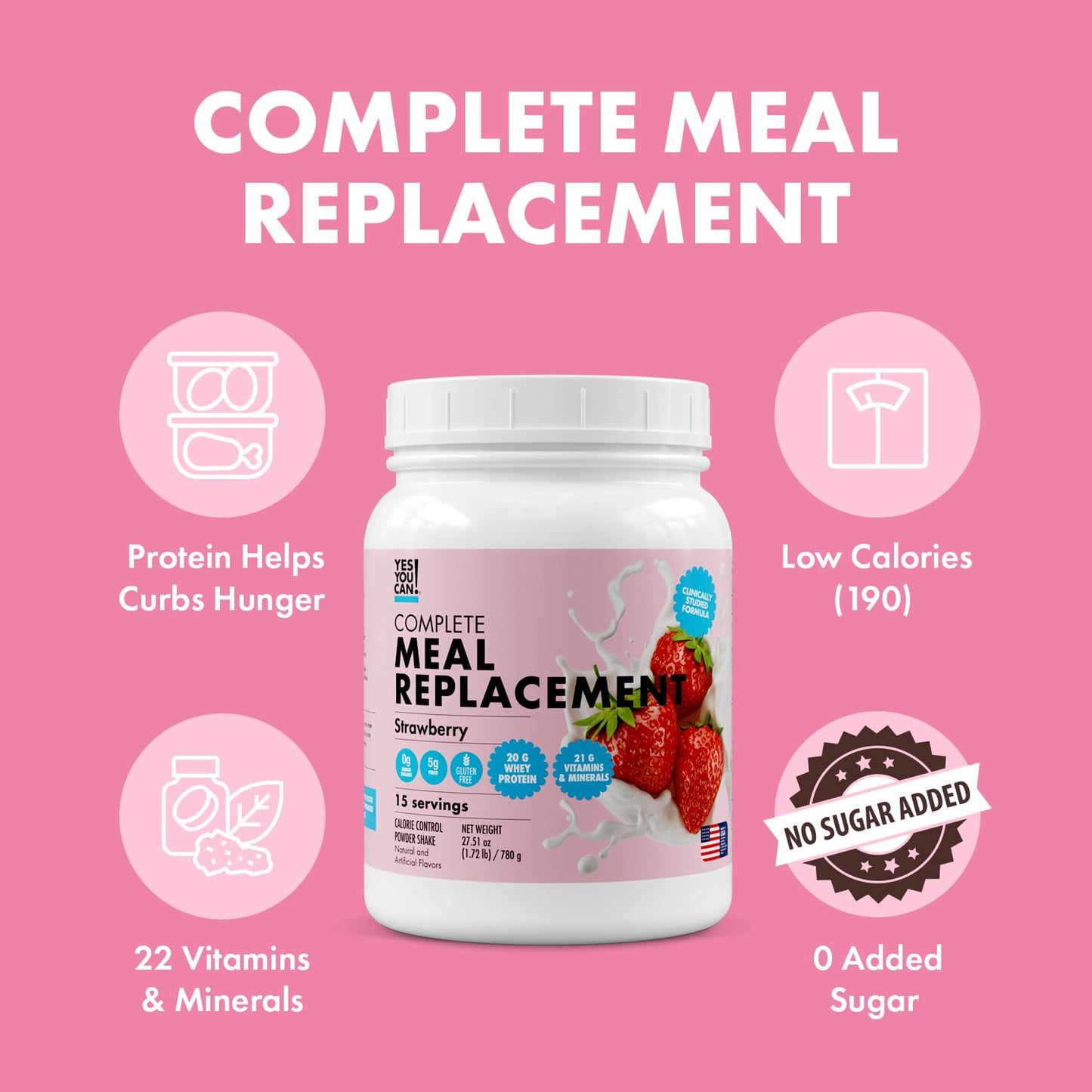 Yes You Can! Meal Replacement Shake - 20G Protein, 5G Fiber, 21 Vitamins & Minerals - Meal Replacement Protein Powder - Complete All-in-One Nutrition - 15 Servings (Strawberry) - Medaid International