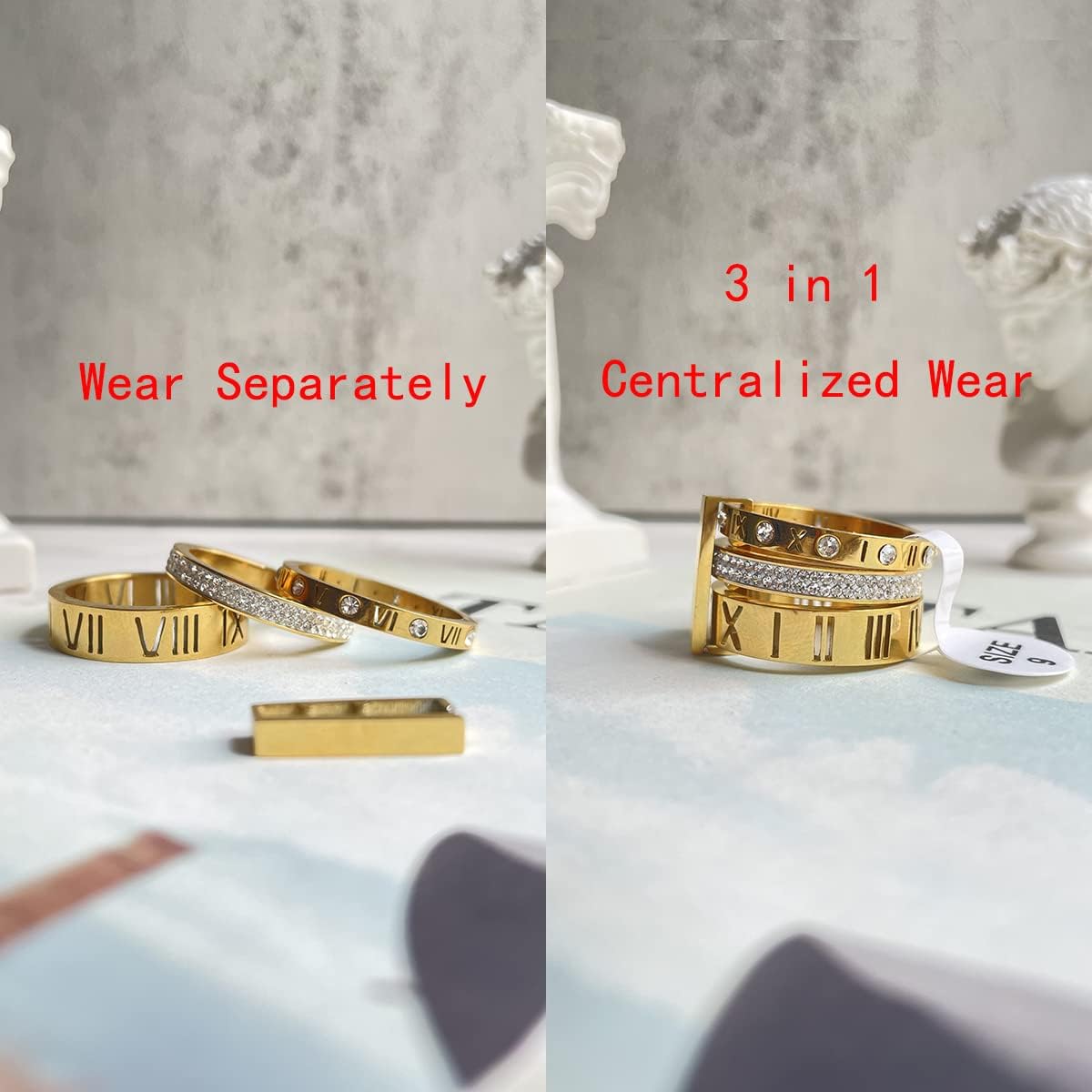 TERRIFI Stainless Steel Zirconia Rings for Women Girls Roman Numeral 3 in 1 Spinner Gold Weeding Ring Band, Women's Gold Wedding Band