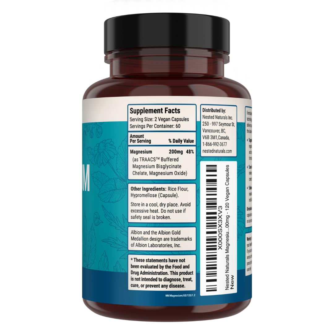 Nested Naturals Magnesium Glycinate Chelate - 200mg Chelated Magnesium Supplement for Muscle Cramps, Relaxation, & Sleep Support - 100% Albion TRACCS Buffered Magnesium Glycinate - 120 Vegan Capsules - Medaid International