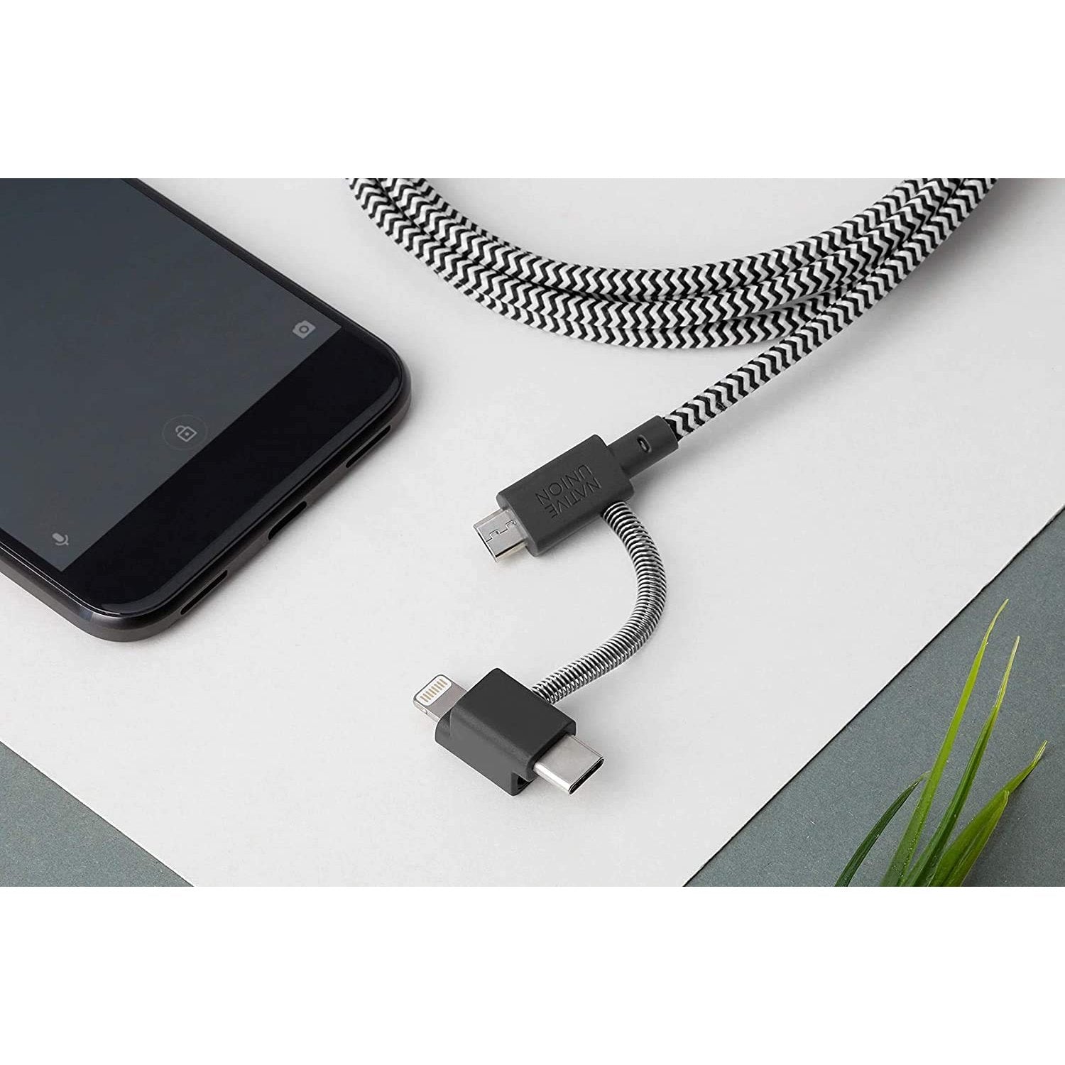 Native Union Belt Cable Universal - 6.5ft Ultra-Strong Reinforced [MFi Certified] Durable Charging Cable with 3-in-1 Adaptor for Lightning, USB-C and Micro-USB Devices (Zebra) - Medaid International
