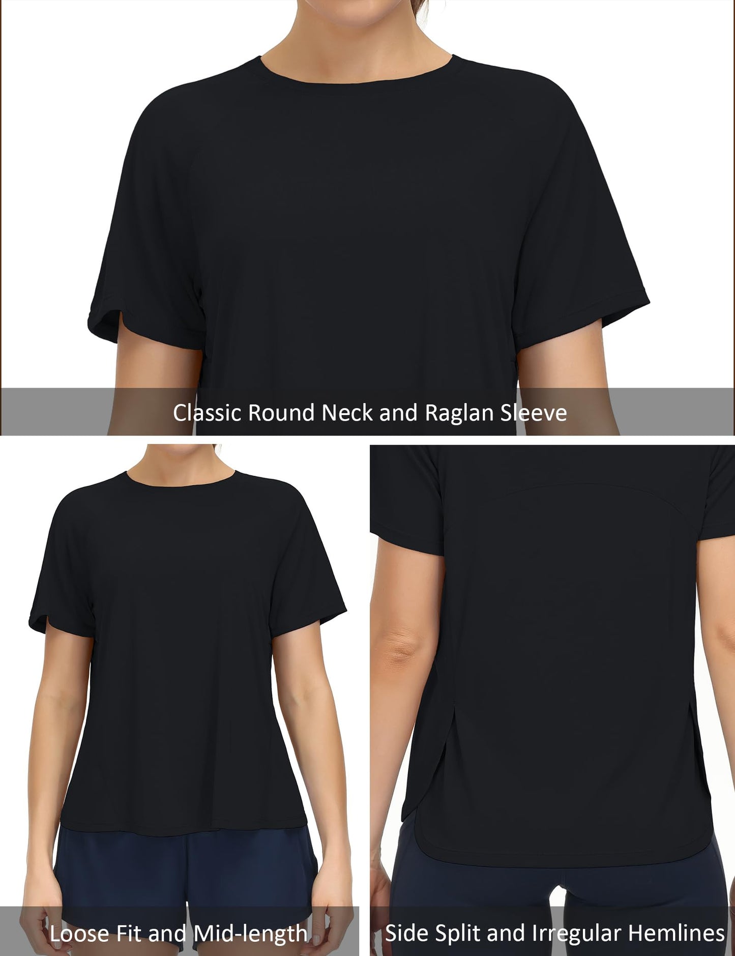 THE GYM PEOPLE Women's Short Sleeve Workout Shirts Breathable Yoga T-Shirts with Side Slits Athletic Tee Tops Black - Medaid International