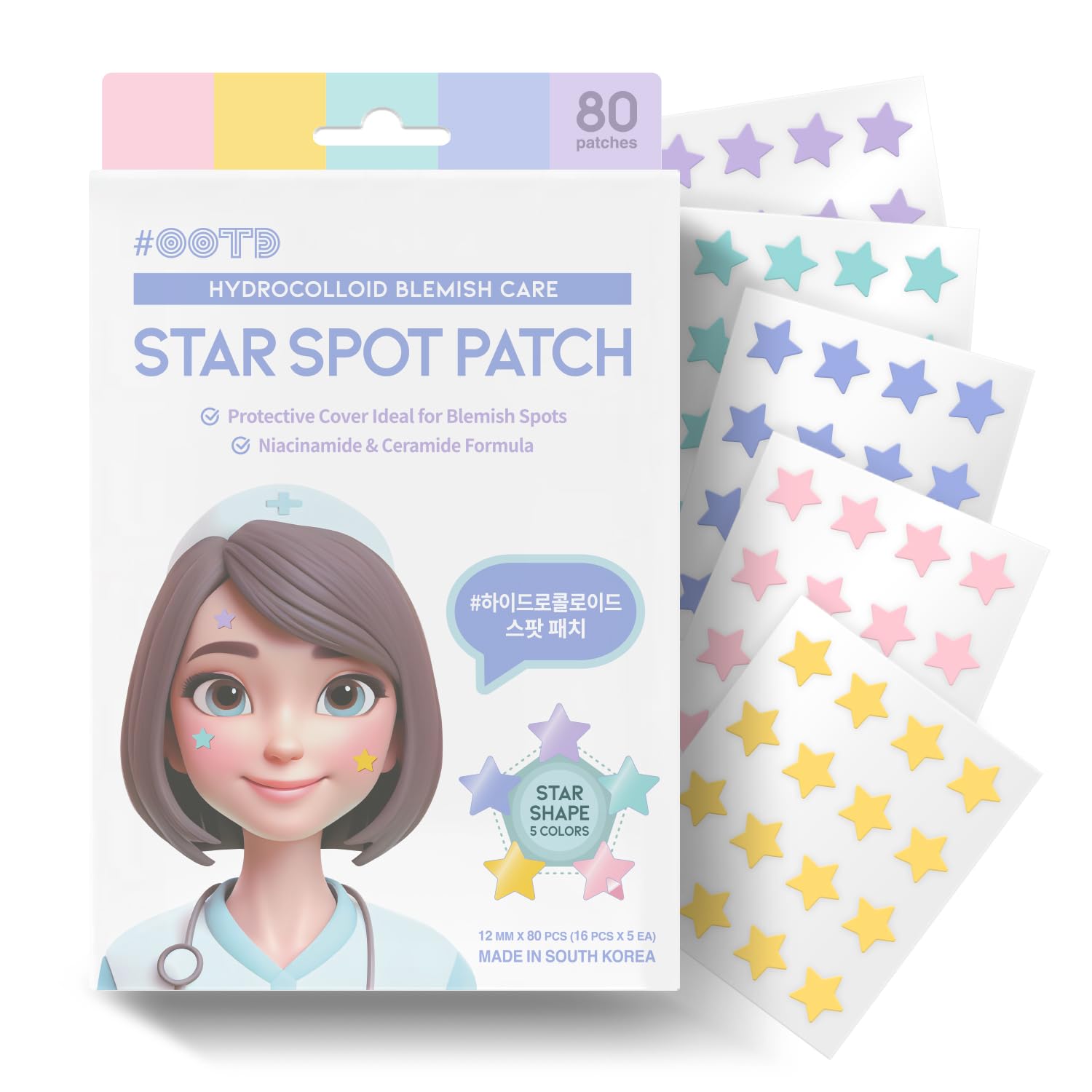 Star Spot Acne/Pimple Patch For Face, Hydrocolloid, Niacinamide, Ceramide, Cute Pastel Colors, Protecting & Healing, Prevent scarring, Blemish remover, Ideal for Blemish Spots, made in Korea 80 counts - Medaid International