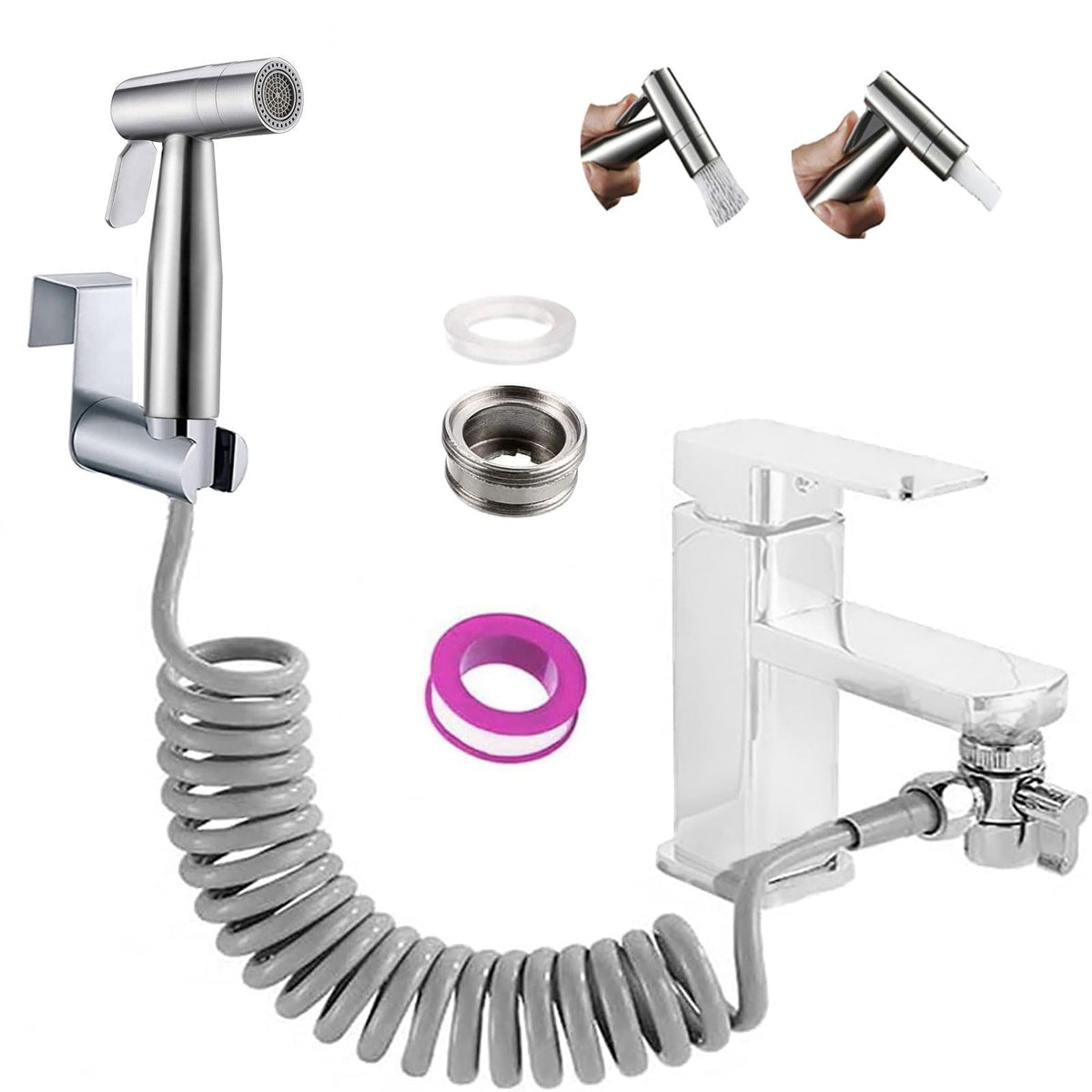 Handheld Bidet Sprayer Dual Function Nozzle Stainless Steel Baby Cloth Diaper Spray Set, 1.5m Shower Hose and Fitting, Toilet Bidet Sprayer for Washing Hair or Wash Basin