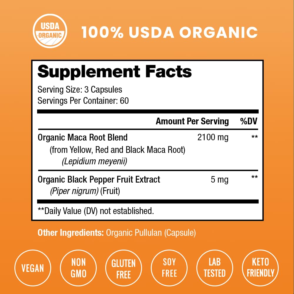 NutraChamps USDA Organic Maca Root Capsules for Women & Men, 2100mg, 180 Capsules, Black, Red & Yellow Peruvian Gelatinized, Highest Potency Maca Root Powder Supplement - Medaid International