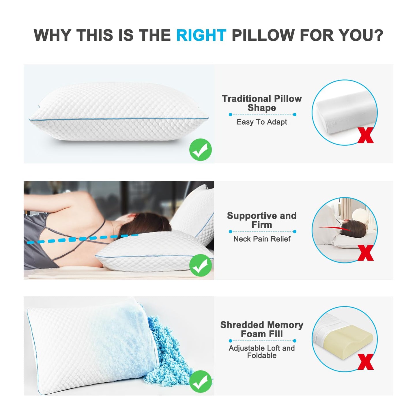 VVZ Cooling Bed Pillows Queen Size Set of 2, Shredded Memory Foam Pillows for Side Back Stomach Sleepers, Luxury Cool Gel Adjustable Firm Bed Pillows for Sleeping 2 Pack Queen Size 20 x 30 Inches - Medaid International