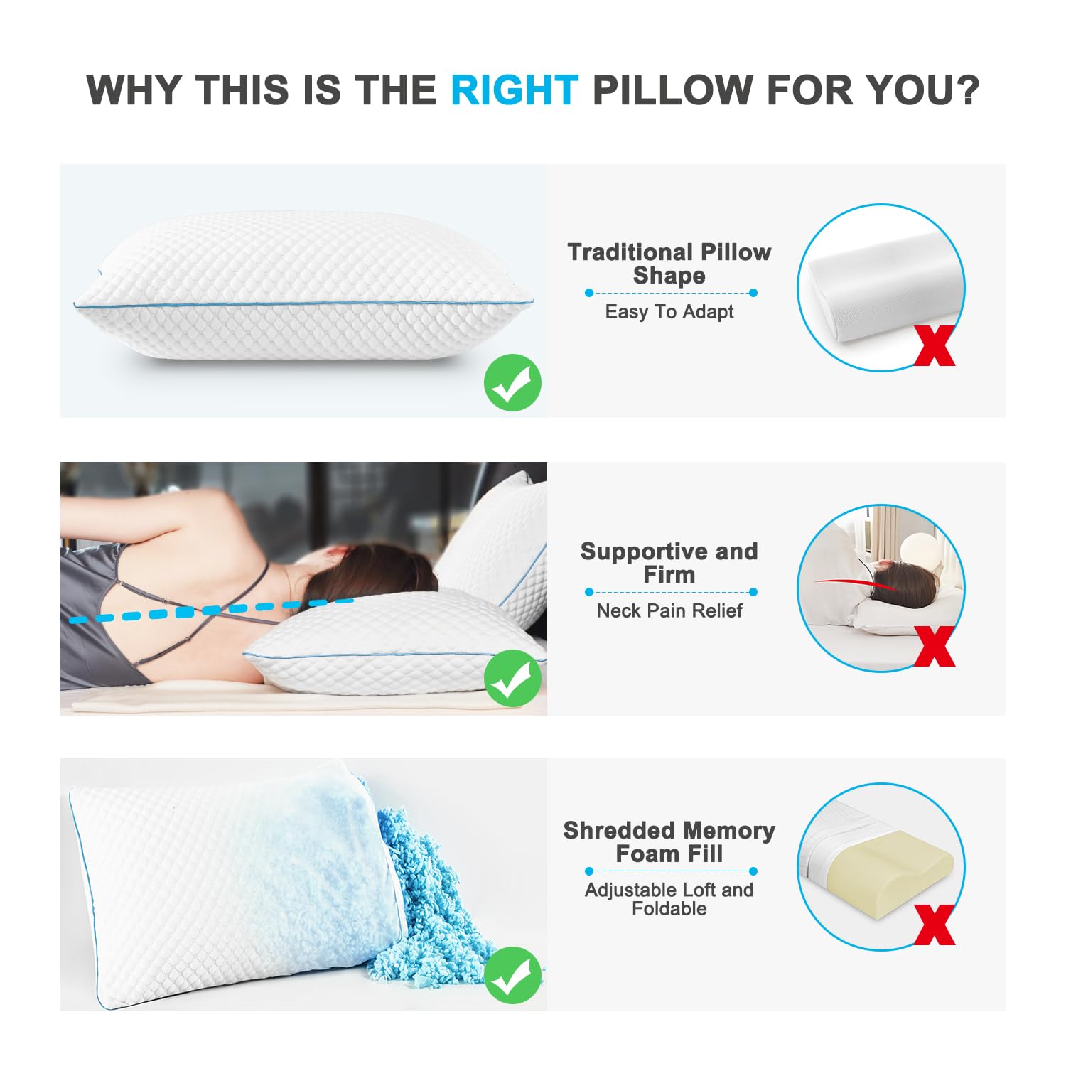 VVZ Cooling Bed Pillows Queen Size Set of 2, Shredded Memory Foam Pillows for Side Back Stomach Sleepers, Luxury Cool Gel Adjustable Firm Bed Pillows for Sleeping 2 Pack Queen Size 20 x 30 Inches - Medaid International