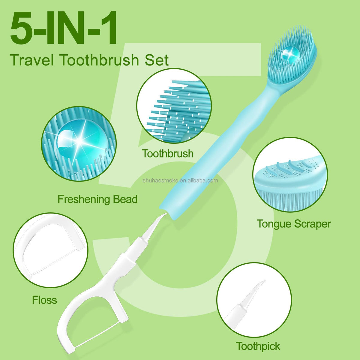 KASTWAVE 26 Pcs 5-in-1 Travel Toothbrush Set, Complete Oral Care All in One Toothbrush, Include Toothpaste, Tongue Cleaner, Dental Floss and Picks, for Travel, Individually Wrapped (Mint Flavor)