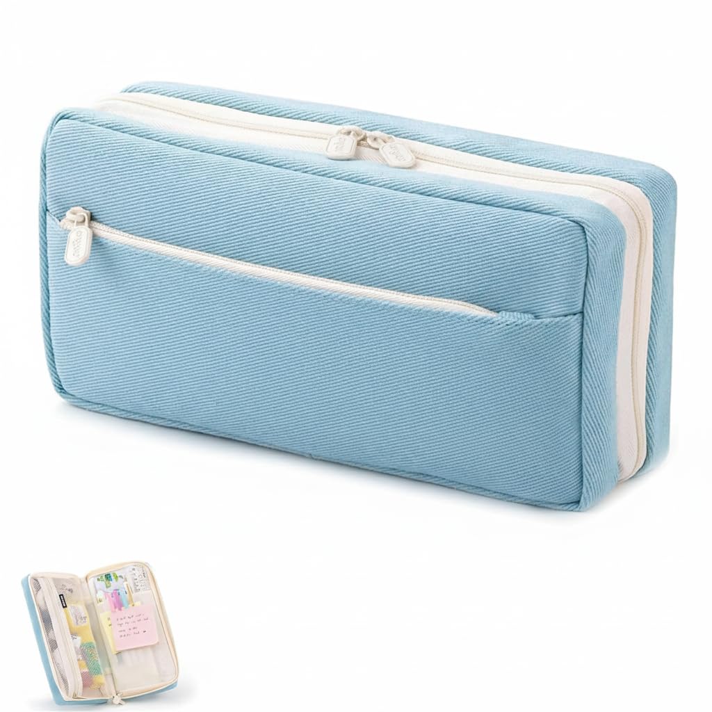 KASTWAVE Large Capacity Pencil Case, Big Capacity Pencil Pouch, Pen Marker Holder Double Zipper Storage Bag, Big Pencil Organizer for College School Office Teen Girl Boy Women Men Adult (Blue)