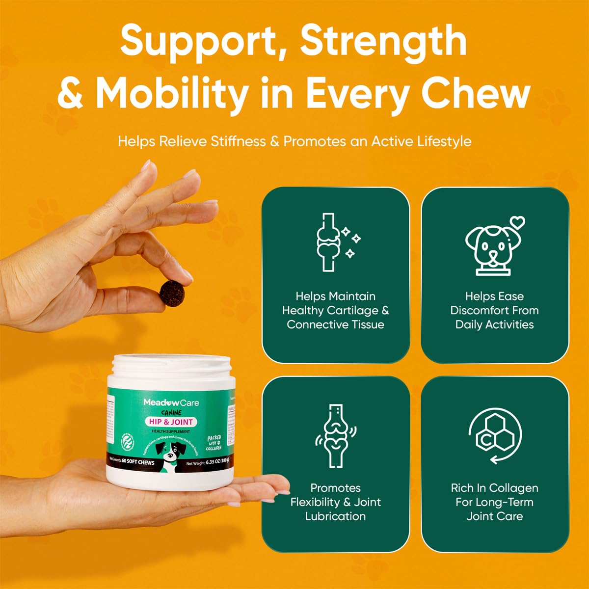 Hip and Joint Supplement for Dogs | MSM, Chondroitin & Glucosamine for Dogs | Supports Bone, Cartilage & Connective Tissue Health | Dog Joint Supplement | 60 Soft Chews180 g (6.35 oz) | MeadowCare