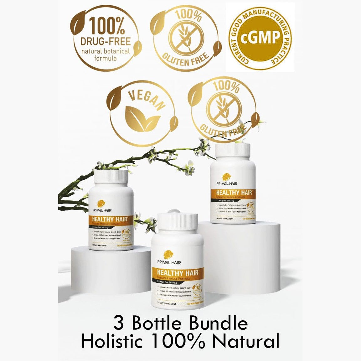 Primal Hair 3 PK- 100% Natural Growth Treatment, Reduces Hair Loss, US Patented Formula Proven Effective for Men & Women, 100% Vegan, Non-GMO, 90-Day Supply, 3 Pack - Medaid International