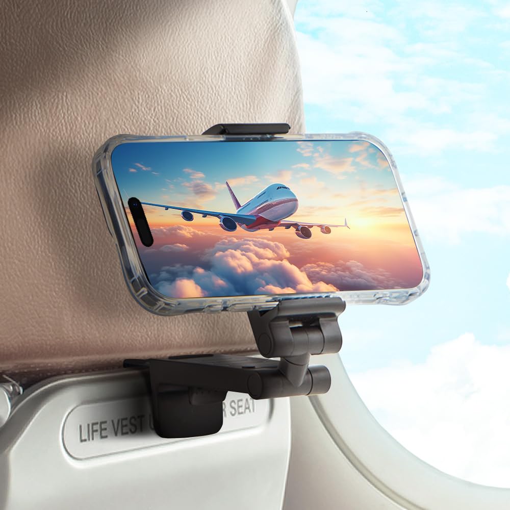 Golifyne Universal Airplane Phone Holder Mount, Handsfree Travel Essential with 360° Adjustable Clamp for Smartphones, Pocket-Sized Phone Stand Accessories for Flying Seat Backs and Tray Tables, Black - Medaid International