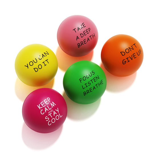 Motivational Stress Balls for Adults & Teens - PU Foam Squeeze Balls for Anxiety, Anger Management, Hand Exercise - 6.3cm, Pack of 5