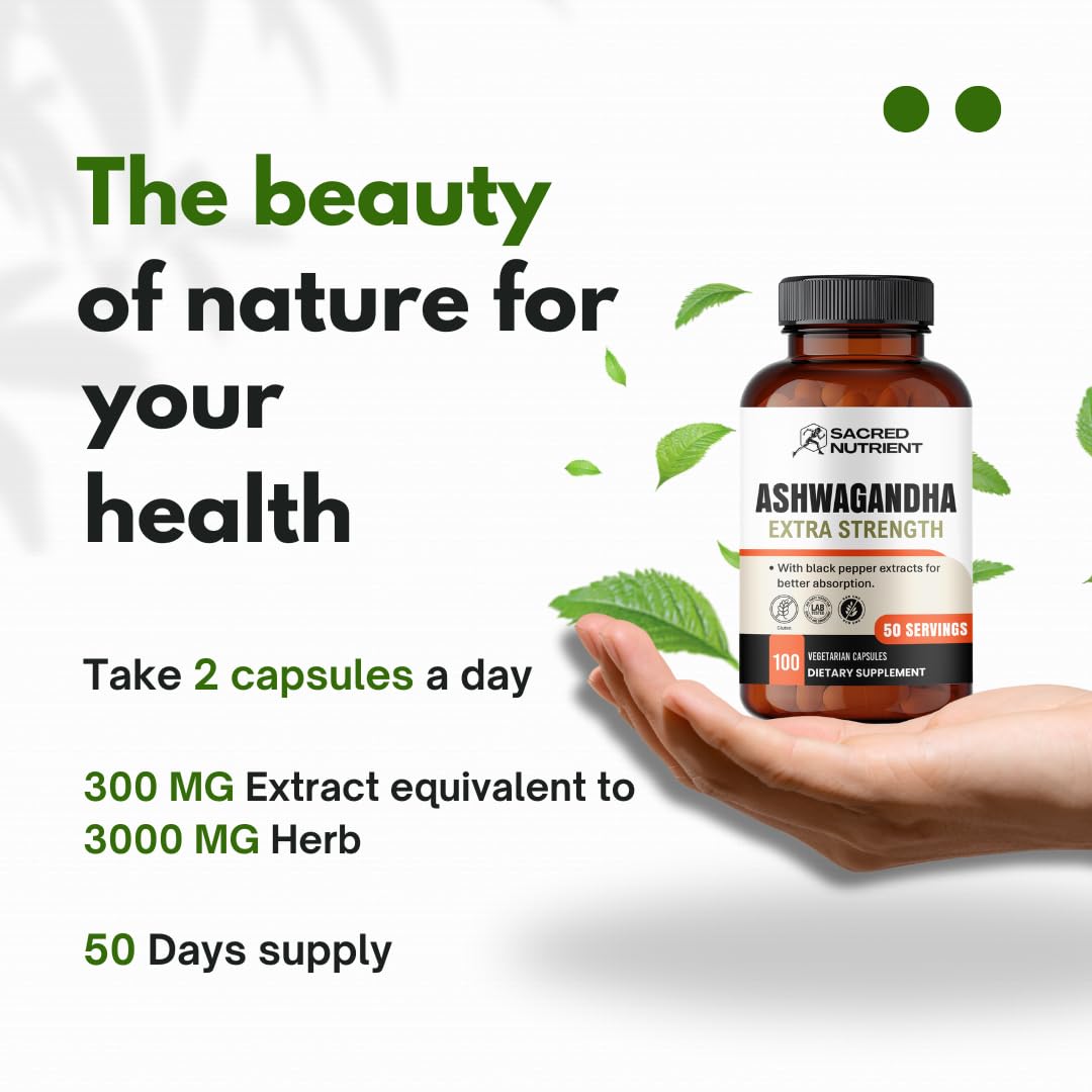Sacred Nutrient Ashwagandha Organic Extra Strength Supplement with Black Pepper for Stress & Mood Support, Energy 300mg Extract (Equivalent 3000mg Herb), 100 Capsules - Medaid International