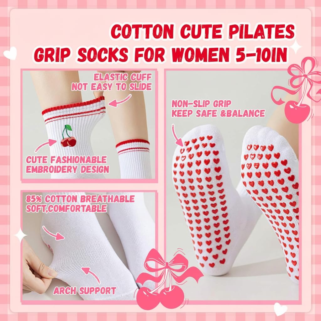 Non-Slip Reformer Pilates Socks, Grippy Socks with Breathable Fabric and Cute Embroidery, Ideal for Yoga, Pilates, Barre, Home Use, 4 Pairs