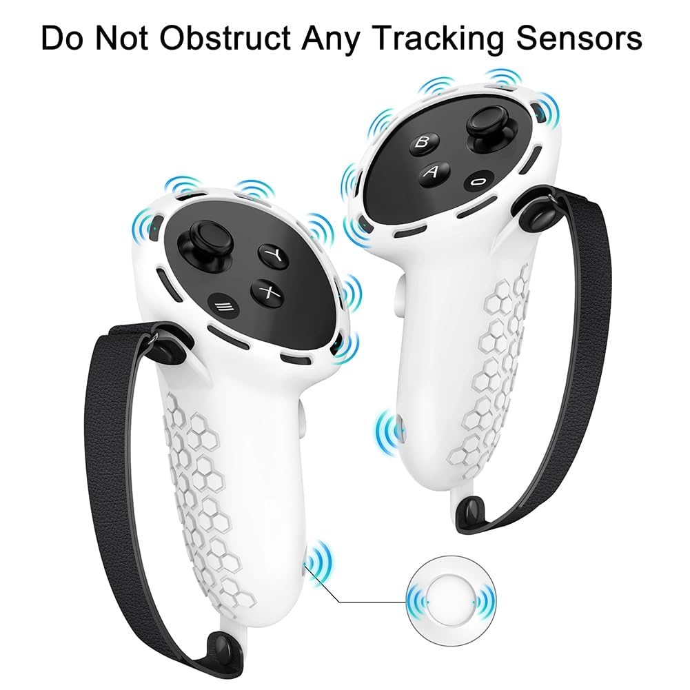 TERRIFI Controller Grips for Oculus Quest 3 - Comfortable Silicone Cover with Controller Hand Straps, 2Pcs Rocker Cap and Joystick Protection, Reserve Precise Hole Positions (White)
