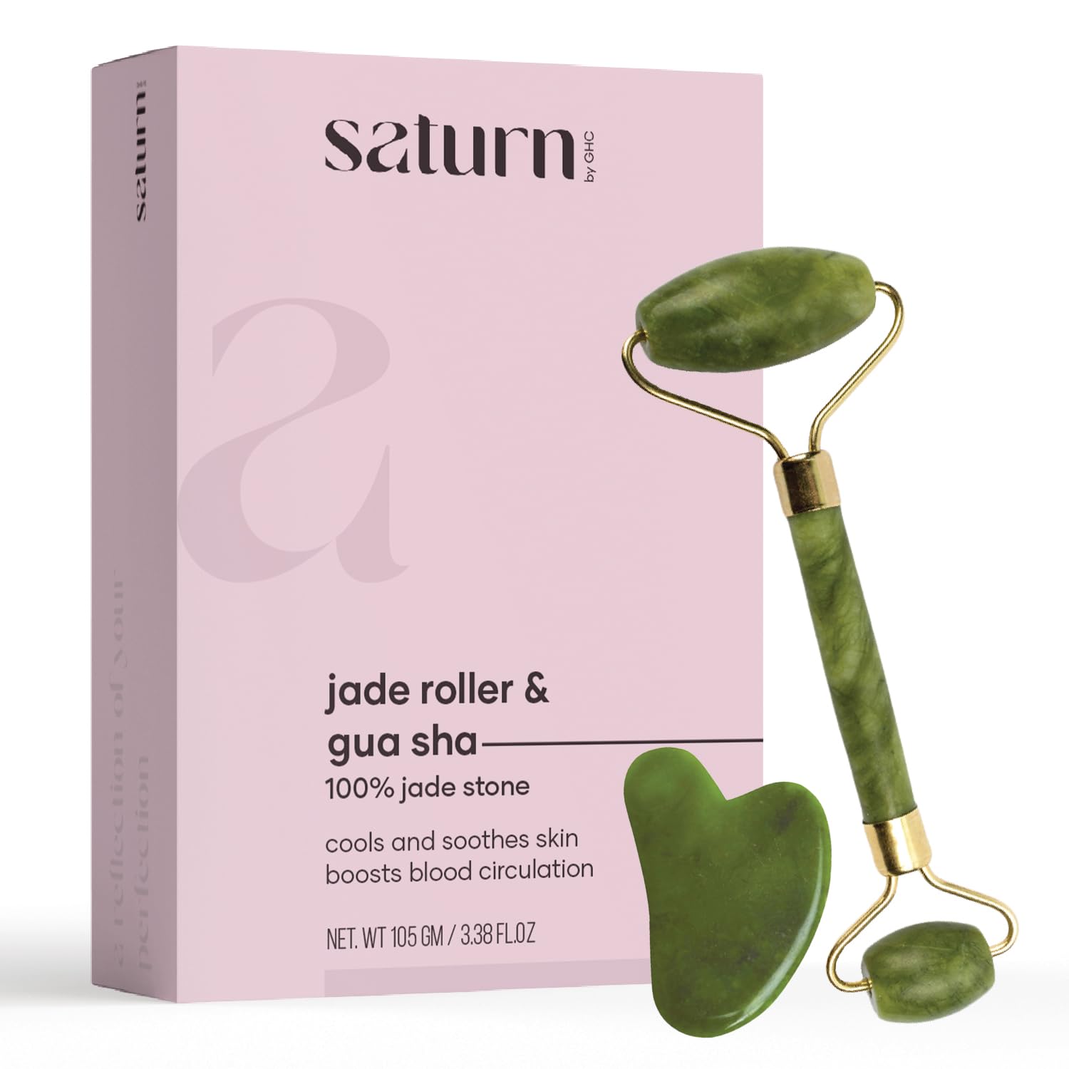 Saturn by GHC Facial Massager Jade Roller & Gua Sha Tool Natural Himalayan Stone for Face & Neck - Medaid International