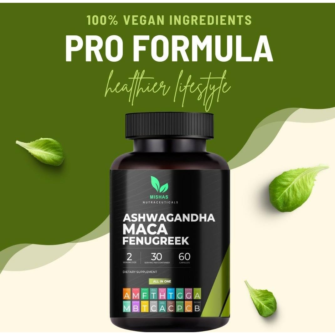 Mishas Nutraceuticals Ashwagandha, Maca Root, Fenugreek Supplement with Ginseng – Supports Stress Relief, Mood Balance & Thyroid Health – 60 Capsules - Medaid International