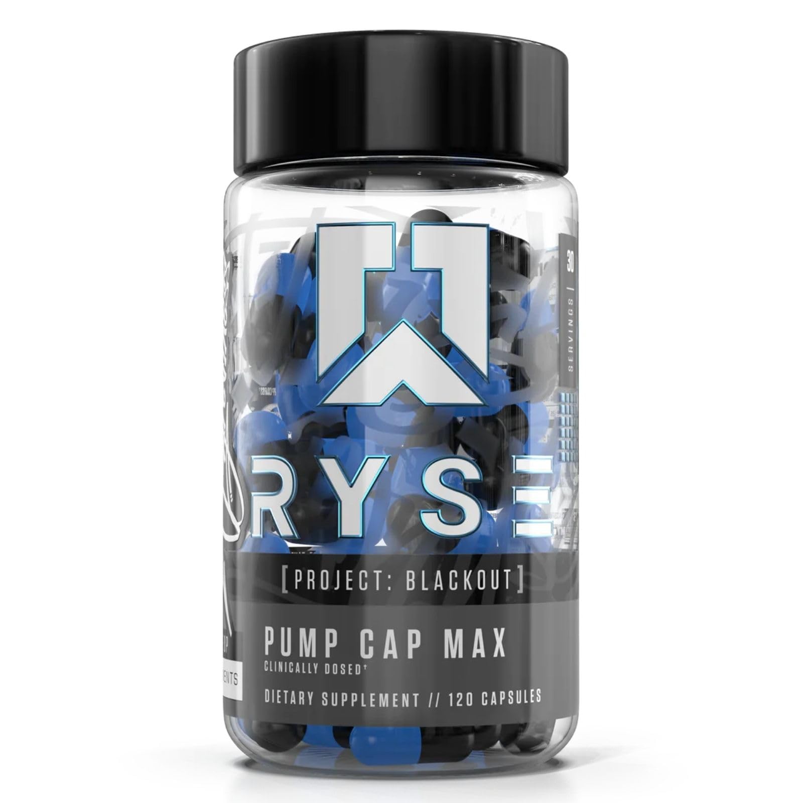 RYSE Project Blackout Pump Cap Max - Pre Workout Nitric Oxide Booster Supplement for Men with Betaine Nitrates & Citrulline Peptides for Maximum Muscle Pumps and Blood Flow - 30 Servings (120 Count) - Medaid International