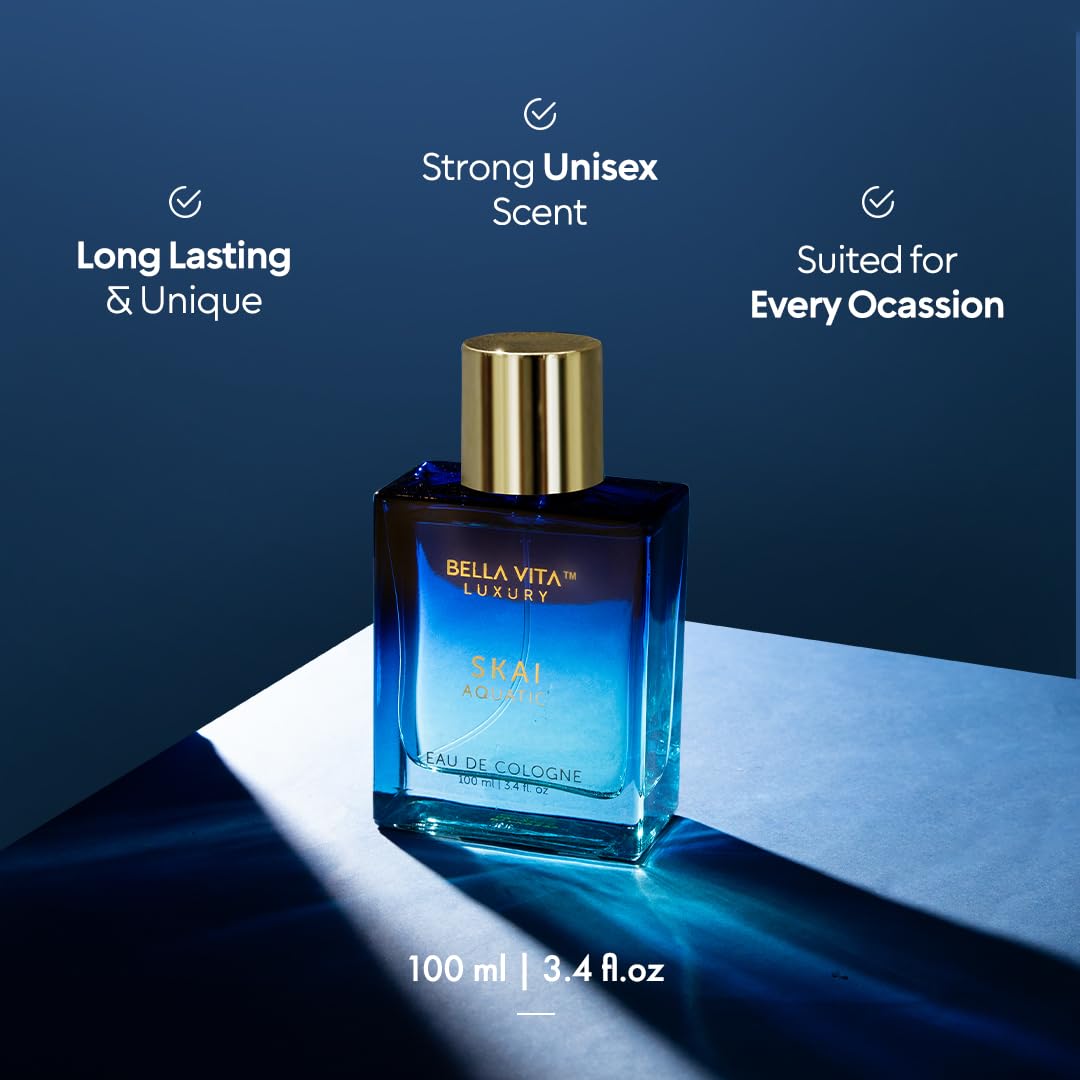 BellaVita Luxury SKAI Aquatic Unisex Cologne (3.48 fl.oz) Gift | Unisex Fresh Cologne Perfume | Long-Lasting Body Mist with Bergamot & Pink Pepper | Clean, Natural & Cruelty-Free Vanilla Perfume - Medaid International