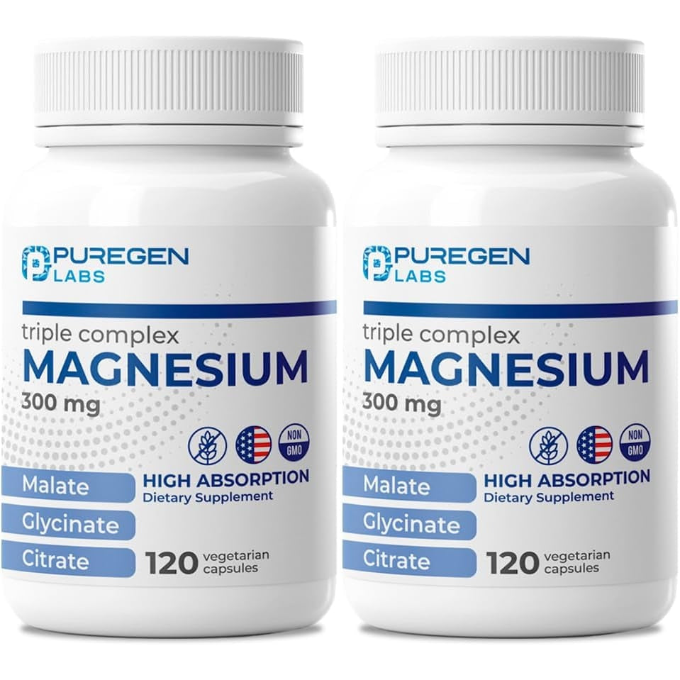 Puregen Labs Triple Magnesium Complex 300mg of Magnesium Glycinate, Malate, & Citrate [High Absorption] Total 240 Veg Capsules | No Harmful Additives | Non-GMO, NO Gluten and Dairy | Made in USA - Medaid International