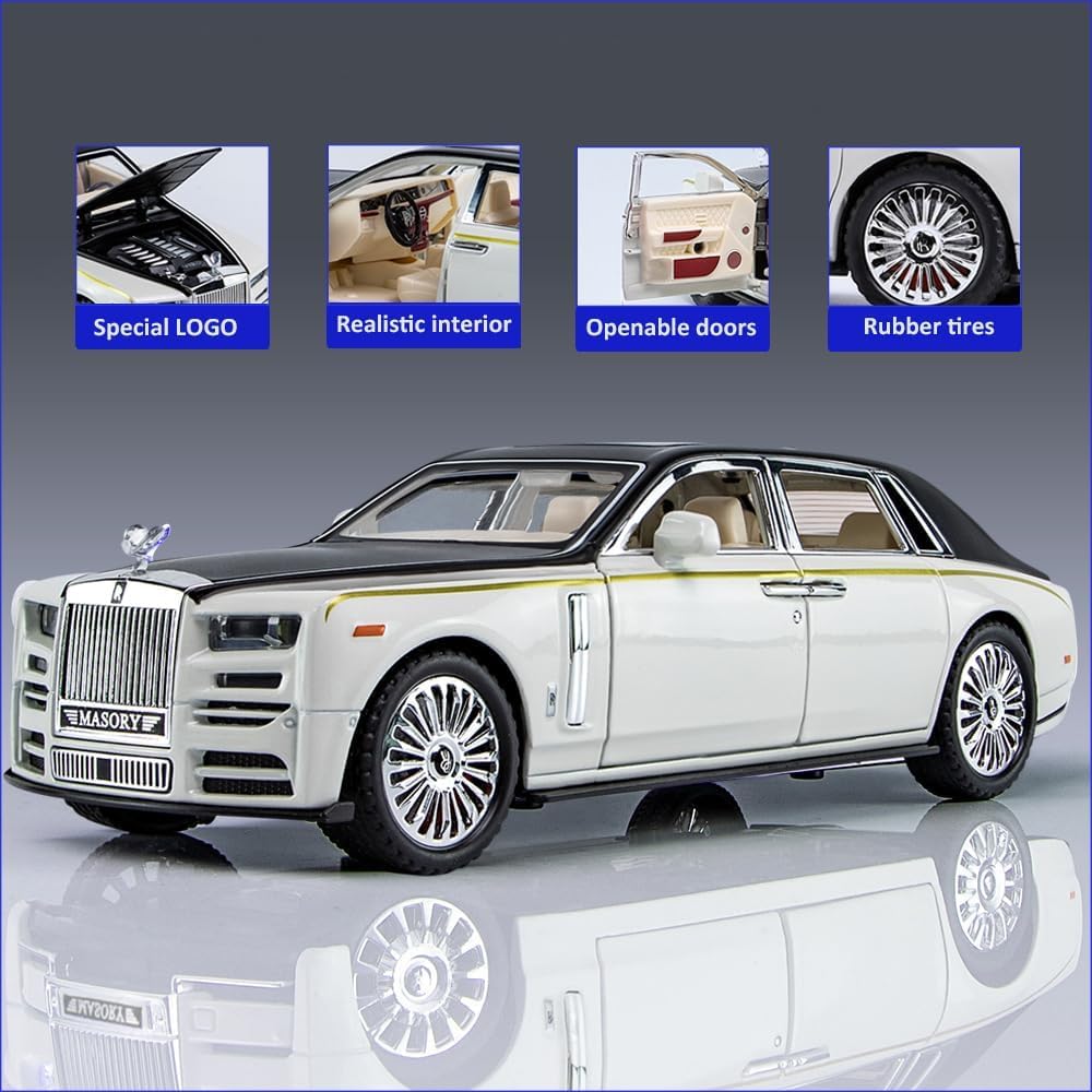 Amerteer Alloy Rolls Royce Model Car 1:32 Car Model For Rolls-Royce Phantom Car Model Diecast Toy Cars With Sound & Light & 6 Open Doors For Kids Boy Girl Collect Gift SUV Model Car (White with Black)