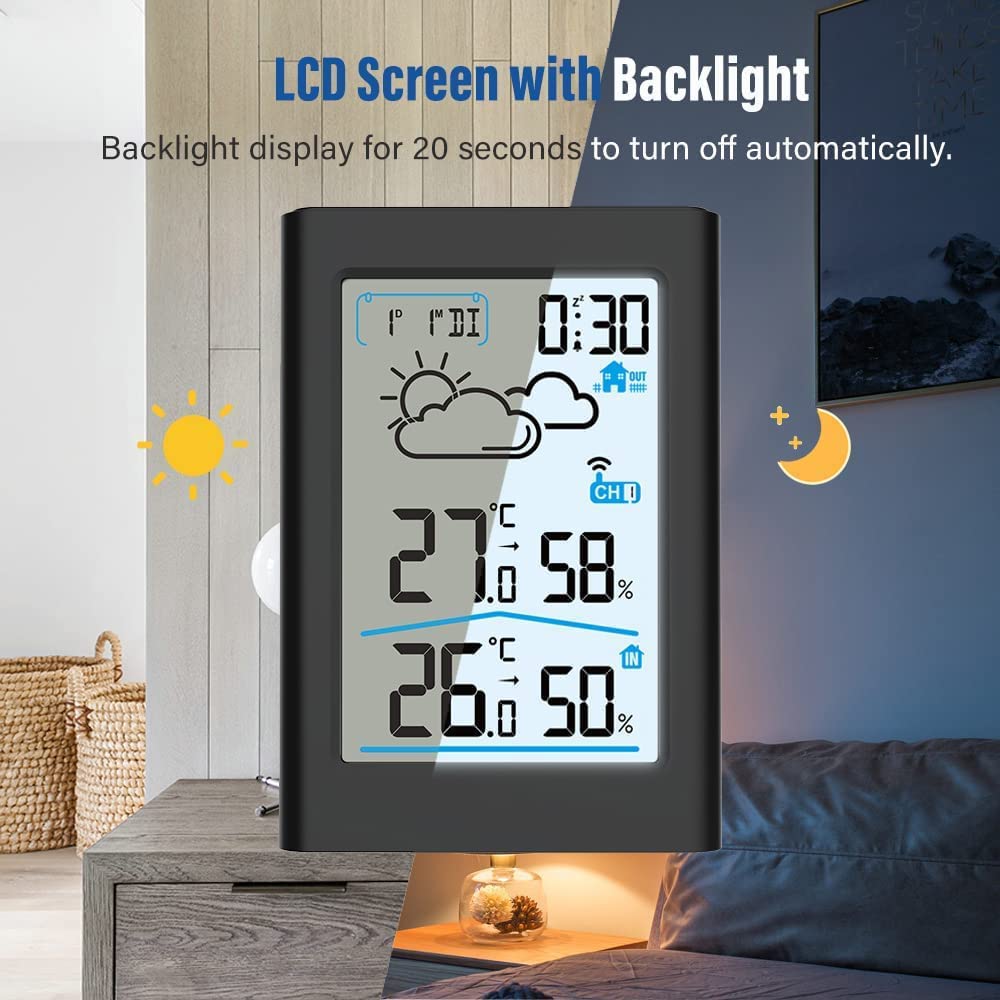 KASTWAVE Wireless Indoor Outdoor Thermometer, Wireless Digital Hygrometer, Temperature Gauge with Time and Humidity, Outside Thermometer Gauge for Patio