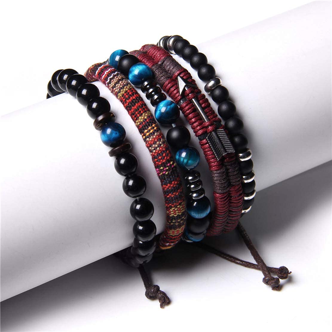 TERRIFI Braided Leather Bracelets for Men Women Wrap Tiger Eye Lava Rock Beads Bracelet Woven Ethnic Tribal Rope Wristbands Bracelets Set Adjustable