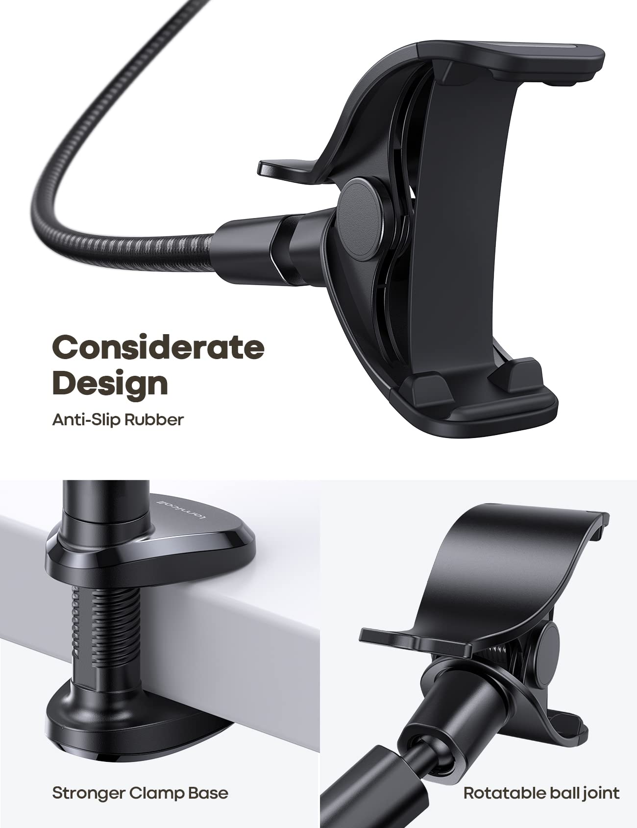 Lamicall Gooseneck Phone Holder Bed - [Nylon Braided] Flexible Arm, 38inch Overall Length, 360 Adjustable Clamp Clip, Overhead Cell Phone Mount Stand for Bed, Desk, 4-7” Cellphone - Medaid International