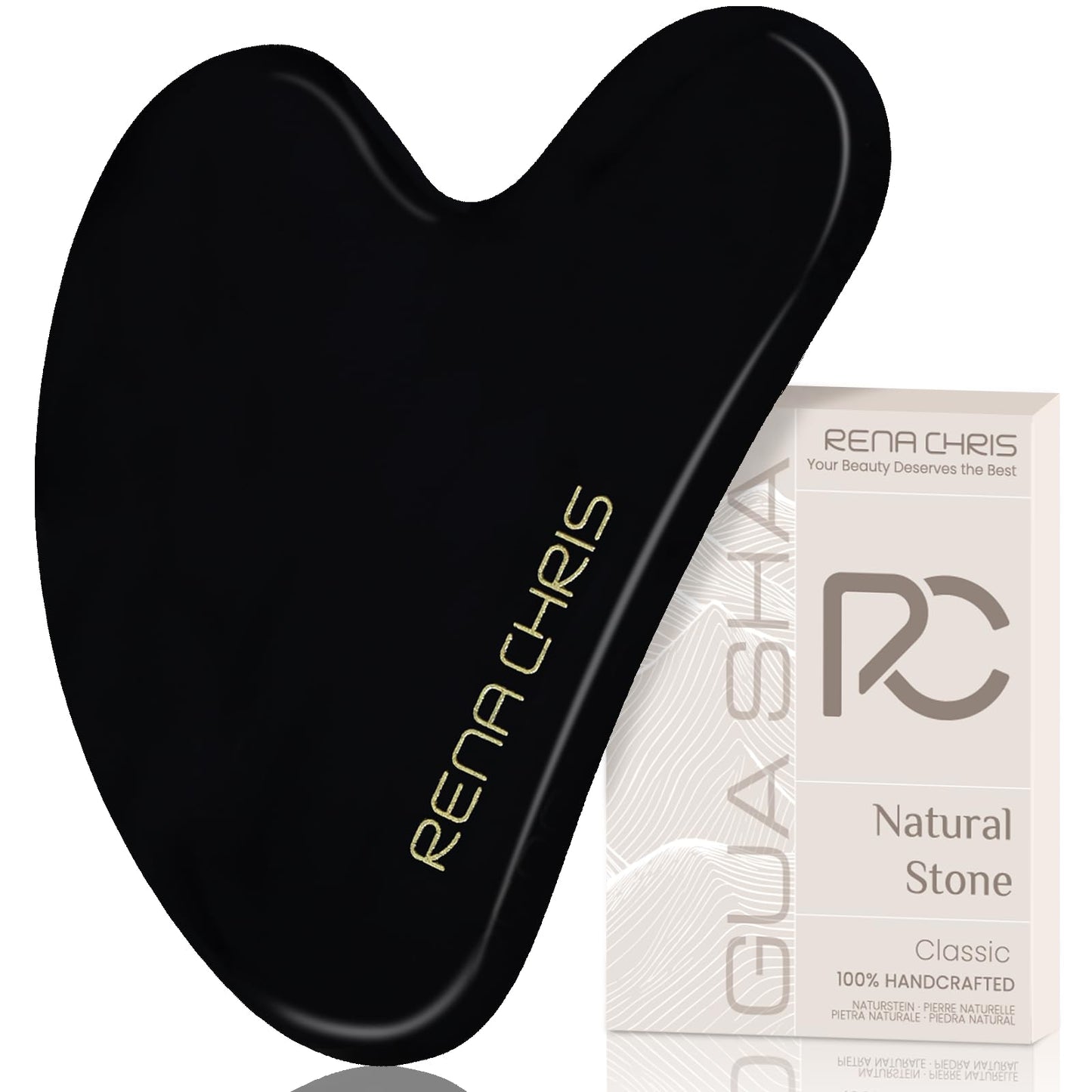 Rena Chris Gua Sha Facial Tools: Natural Obsidian Guasha Tool for Face Acupuncture Therapy, Facial Massager for Jawline Sculpting and Puffiness Reducing (Black) - Medaid International