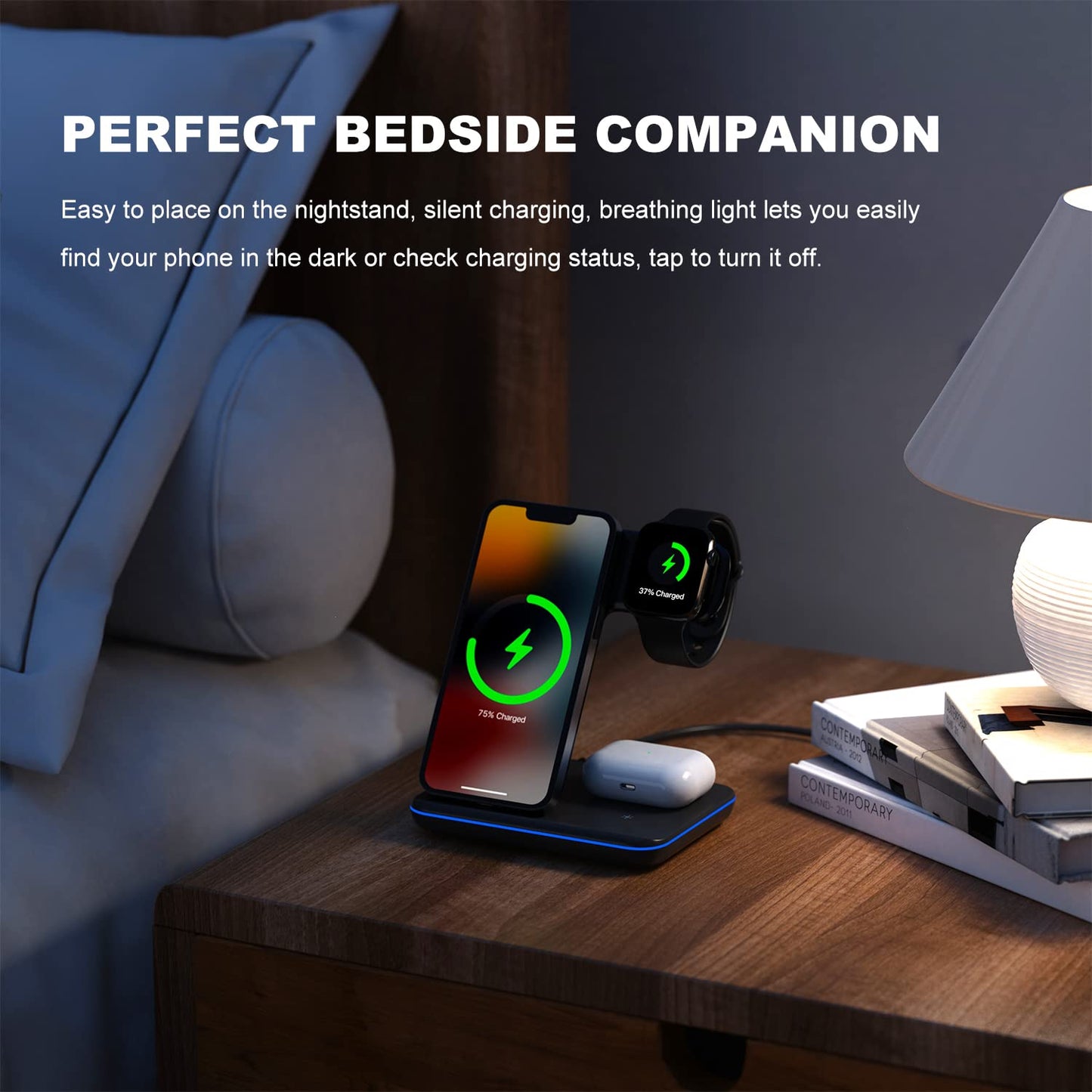 Minthouz 3 in 1 Wireless Charger, 18W Fast Wireless Charging Station for Multiple Devices Apple Watch, AirPods, Charger Stand Compatible with iPhone 15/14/13/12 Series - Black (with Adapter) - Medaid International