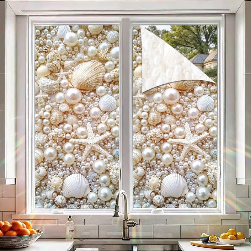 Window Film 17.3 x 39.3 Inch Decorative Seashell Pearl Starfish Privacy Glass Sticker Ocean Theme Self Adhesive Removable Window Covering for Bathroom Kitchen Door Coastal Home Décor - Medaid International