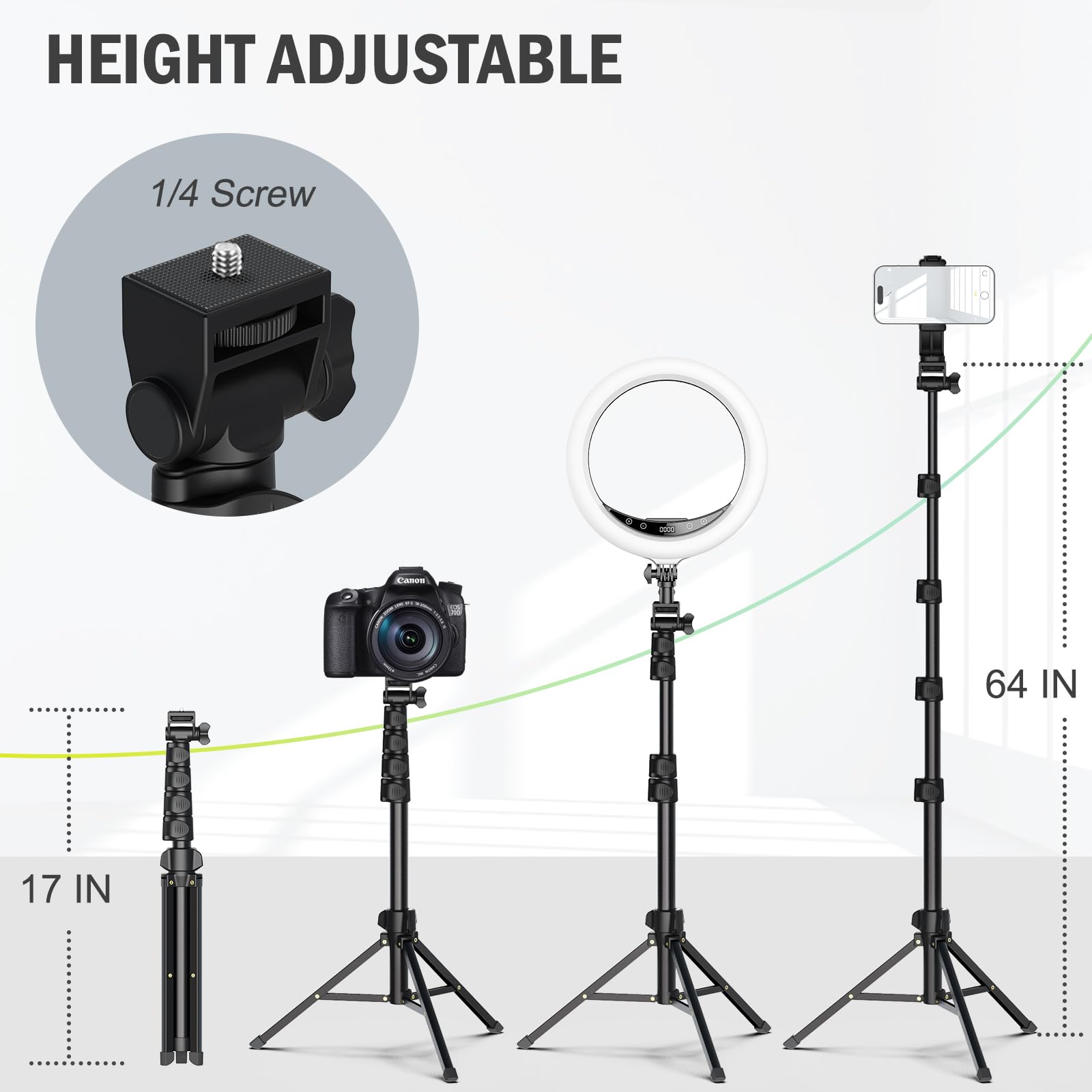 Liphisy 64” Tripod for Cell Phone & Camera, Phone Tripod with Remote and Phone Holder, Sturdy & Stable Height Adjustable Multi-Angle Shot Selfie Stick Tripod for Video Recording - Medaid International