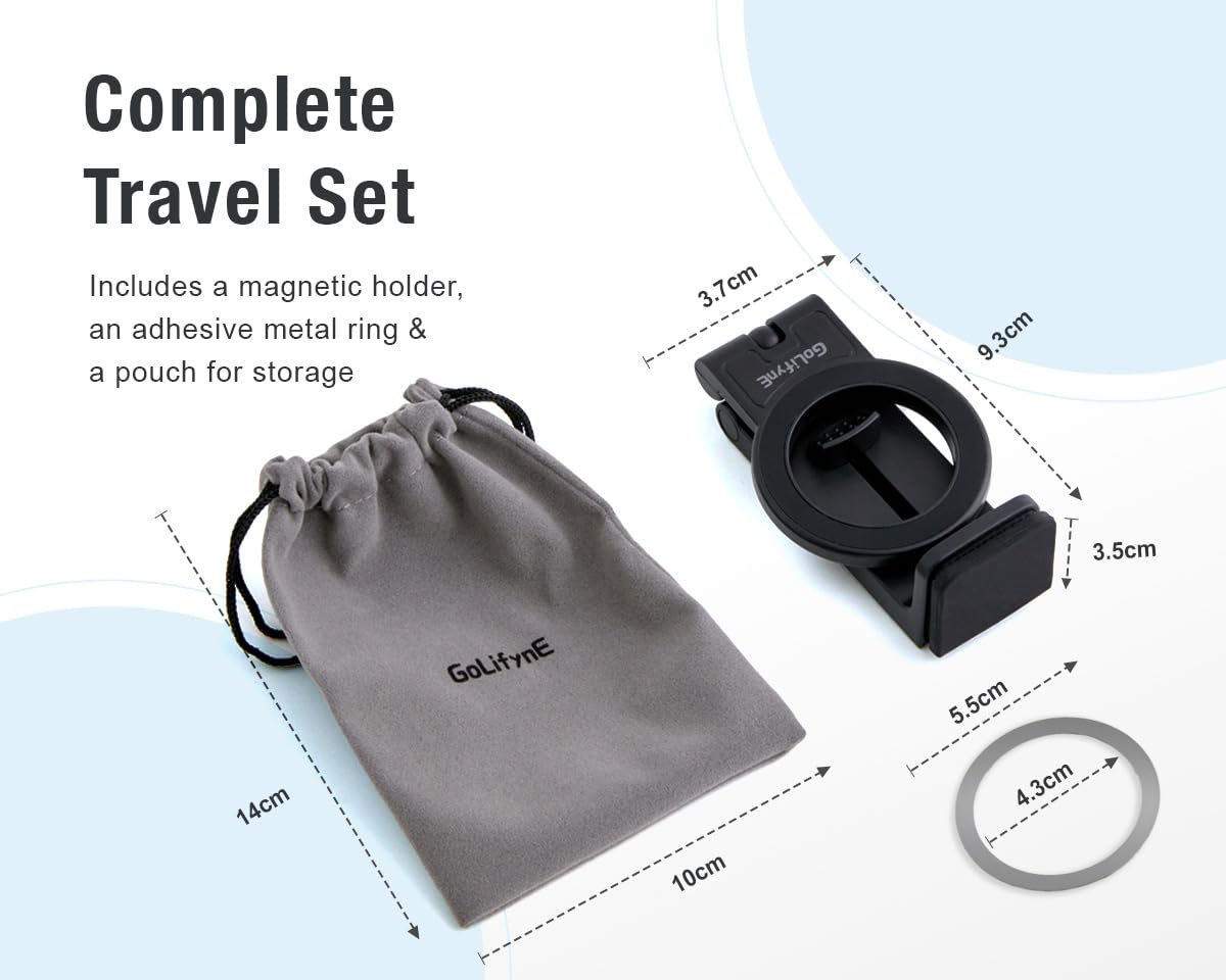 Golifyne Magnetic Airplane Phone Holder Mount, Hands-Free Travel Essential Compatible with iPhone MagSafe, Bonus Adhesive Metal Ring for Android and Non-Magnetic Devices, Black - Medaid International